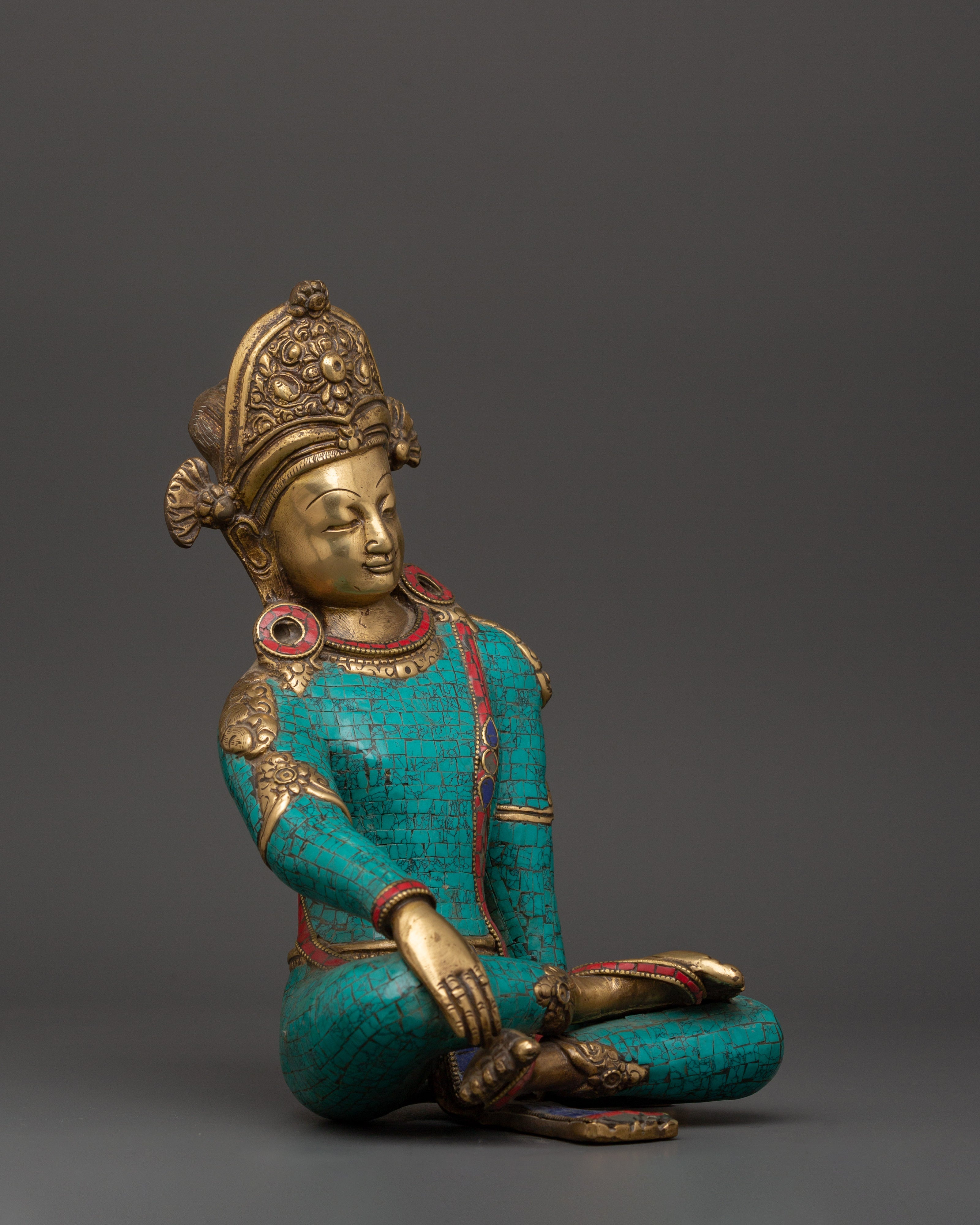 Lokeshwor Bodhisattva Statue | Brass Figurine with Turquoise & Coral Inlay