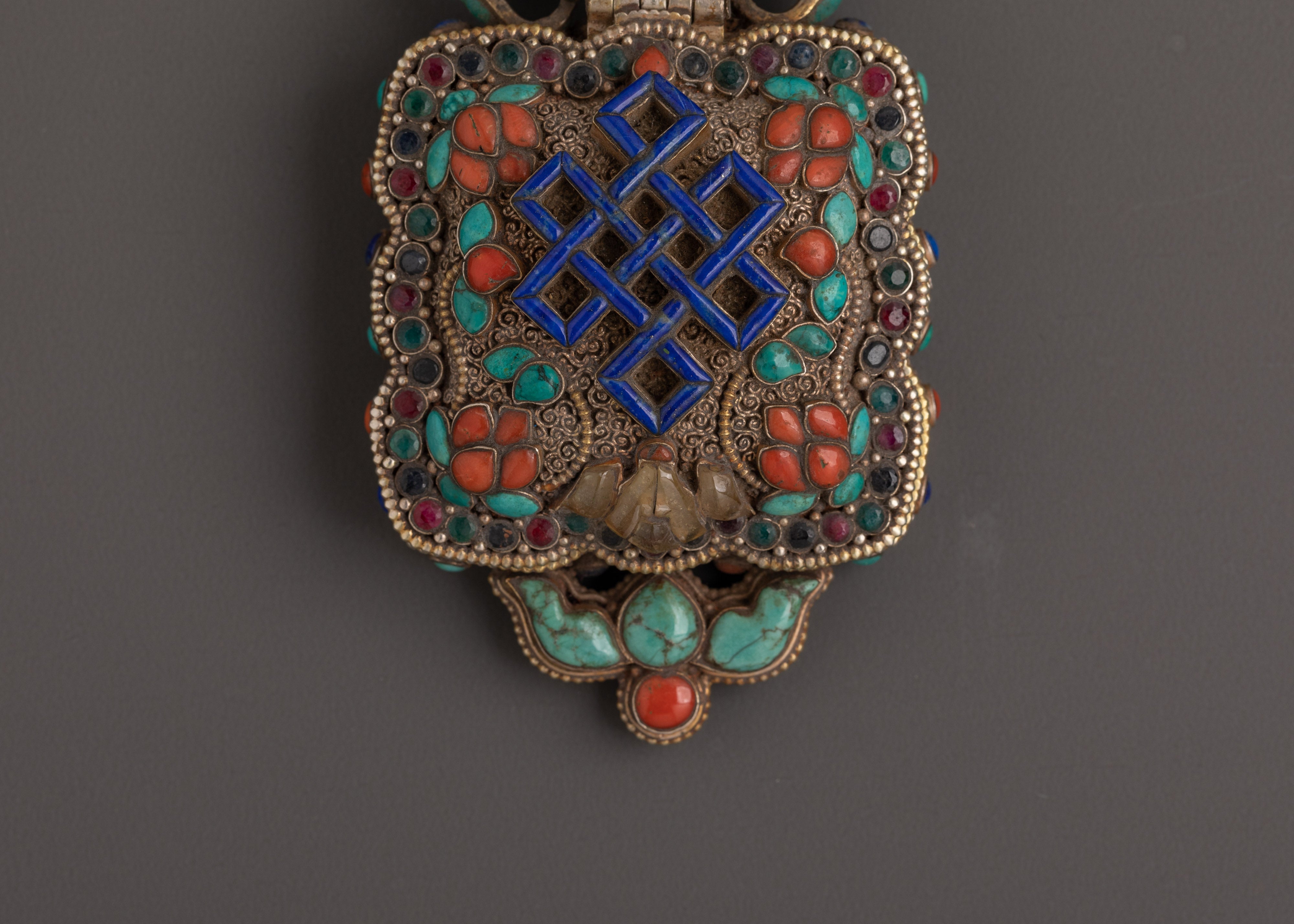 Handmade Tibetan Ghau Locket | Coral, Lapis Lazuli, Turquoise Inlay