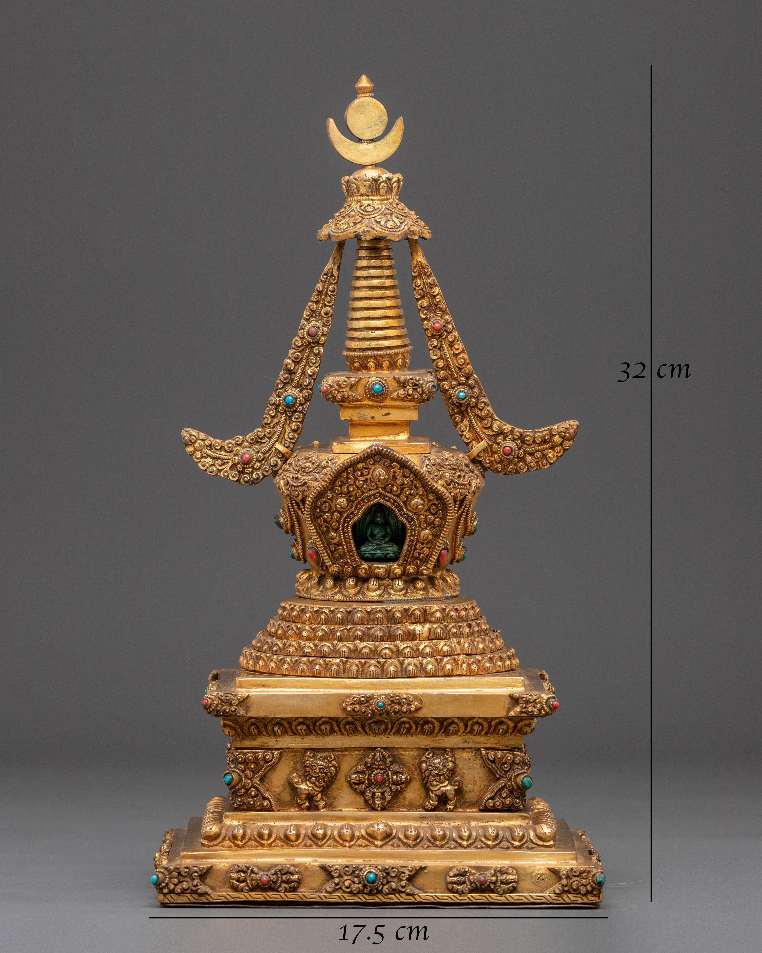 Handmade Gold Plated Buddhist Stupa with Buddha | Copper Stupa with Turquoise Inlay
