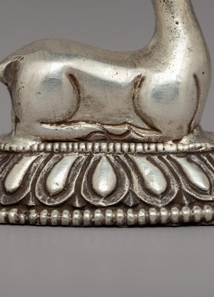 Silver-Plated Buddhist Dharma Wheel & Deer Set | Sacred Buddhist Symbol