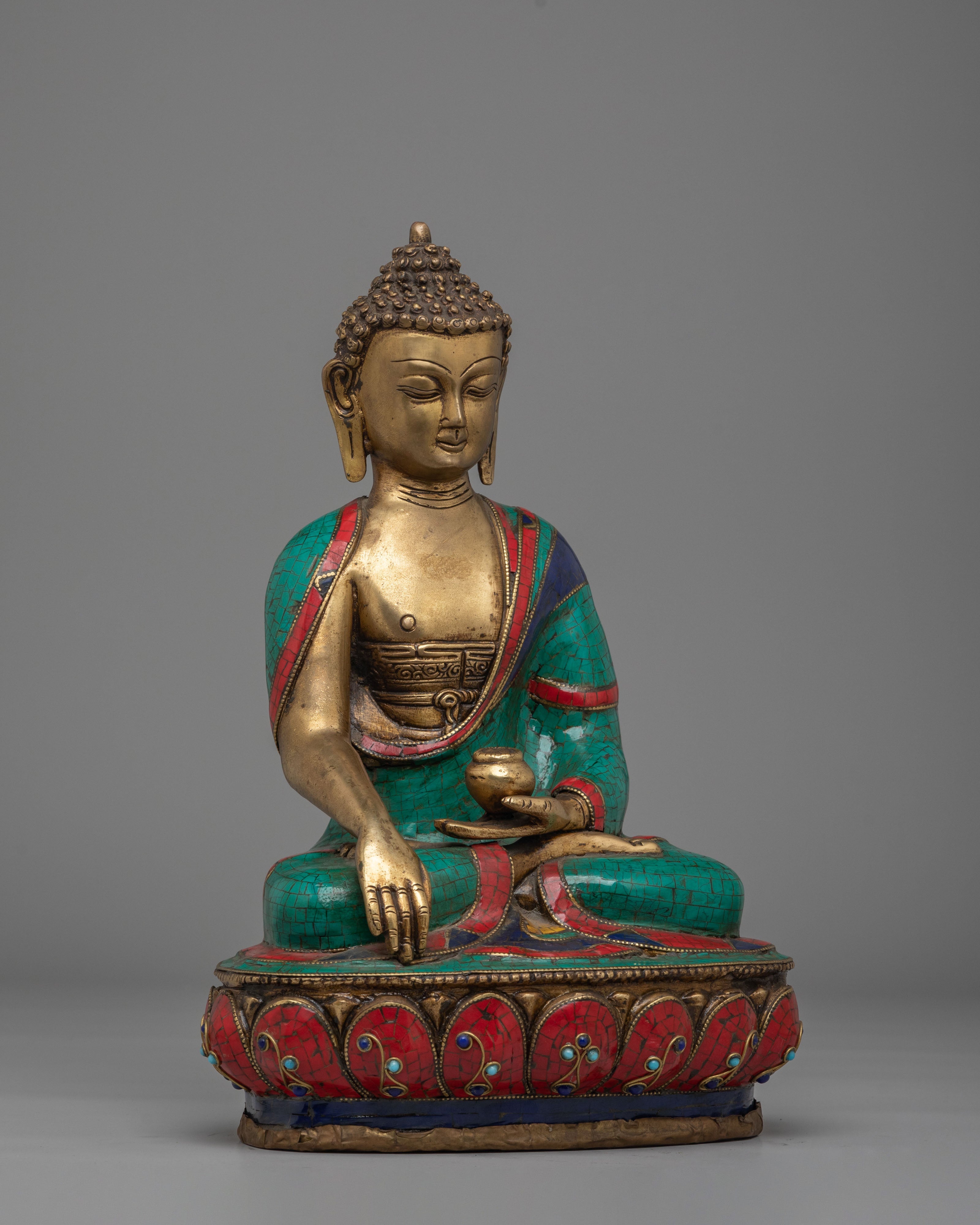 Scared Shakyamuni Buddha Statue | Handcrafted Brass Statue with Gemstones