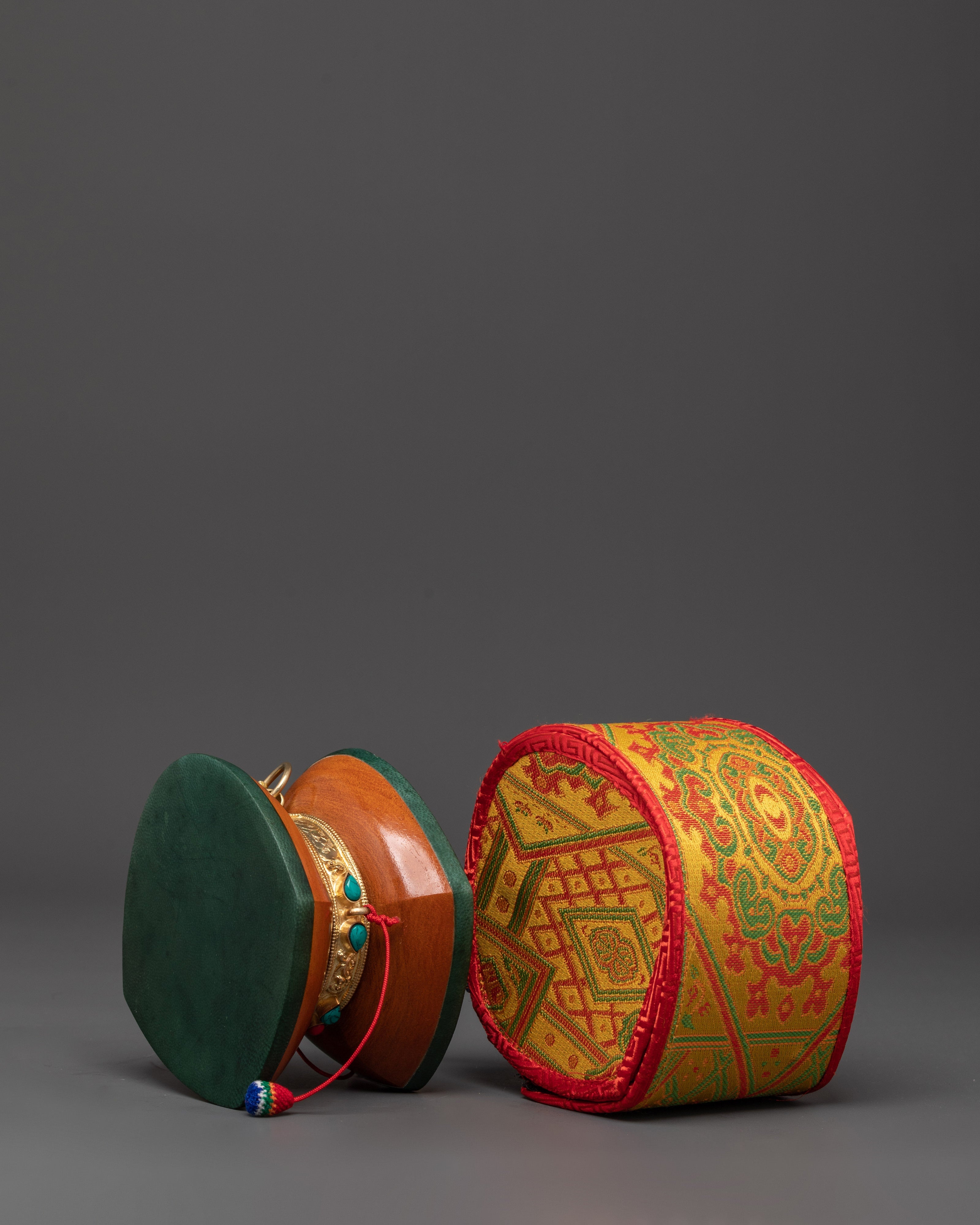Tibetan Drum with Gold-Plated Copper | Tibetan Instrument for Sacred Rituals