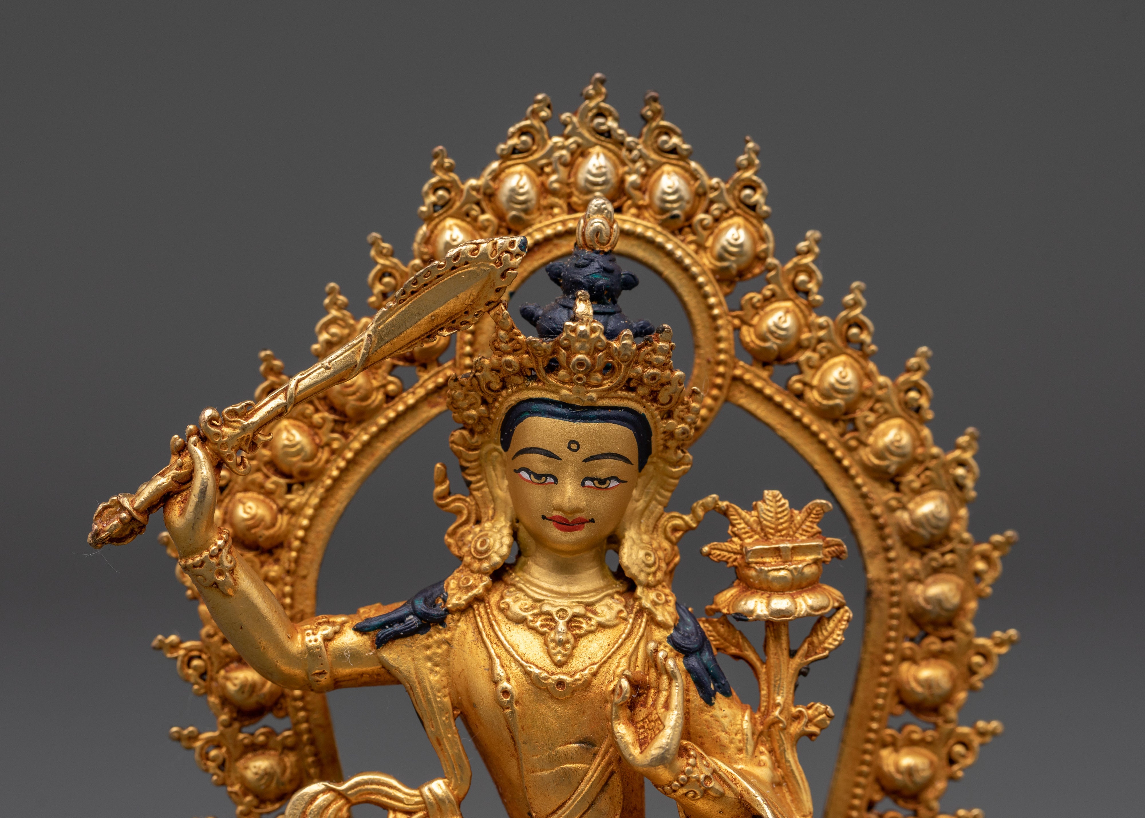 Manjushri Mahayana Deity Statue | Wisdom Bodhisattva in Gold-Plated Copper