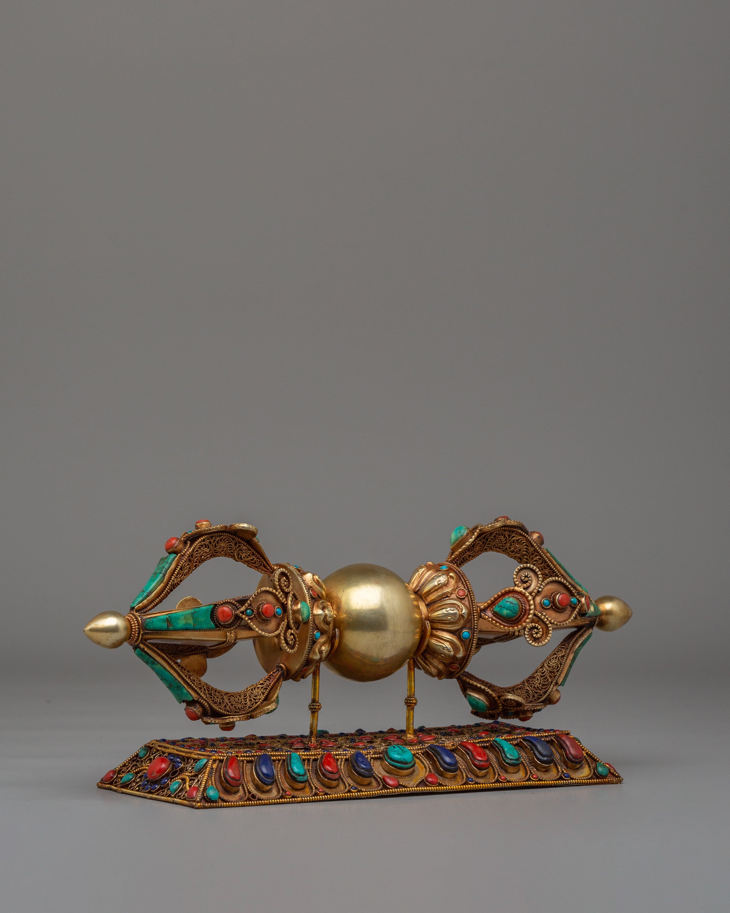 Buddhist Ritual Vajra With Stand | Copper Gemstone Dorje
