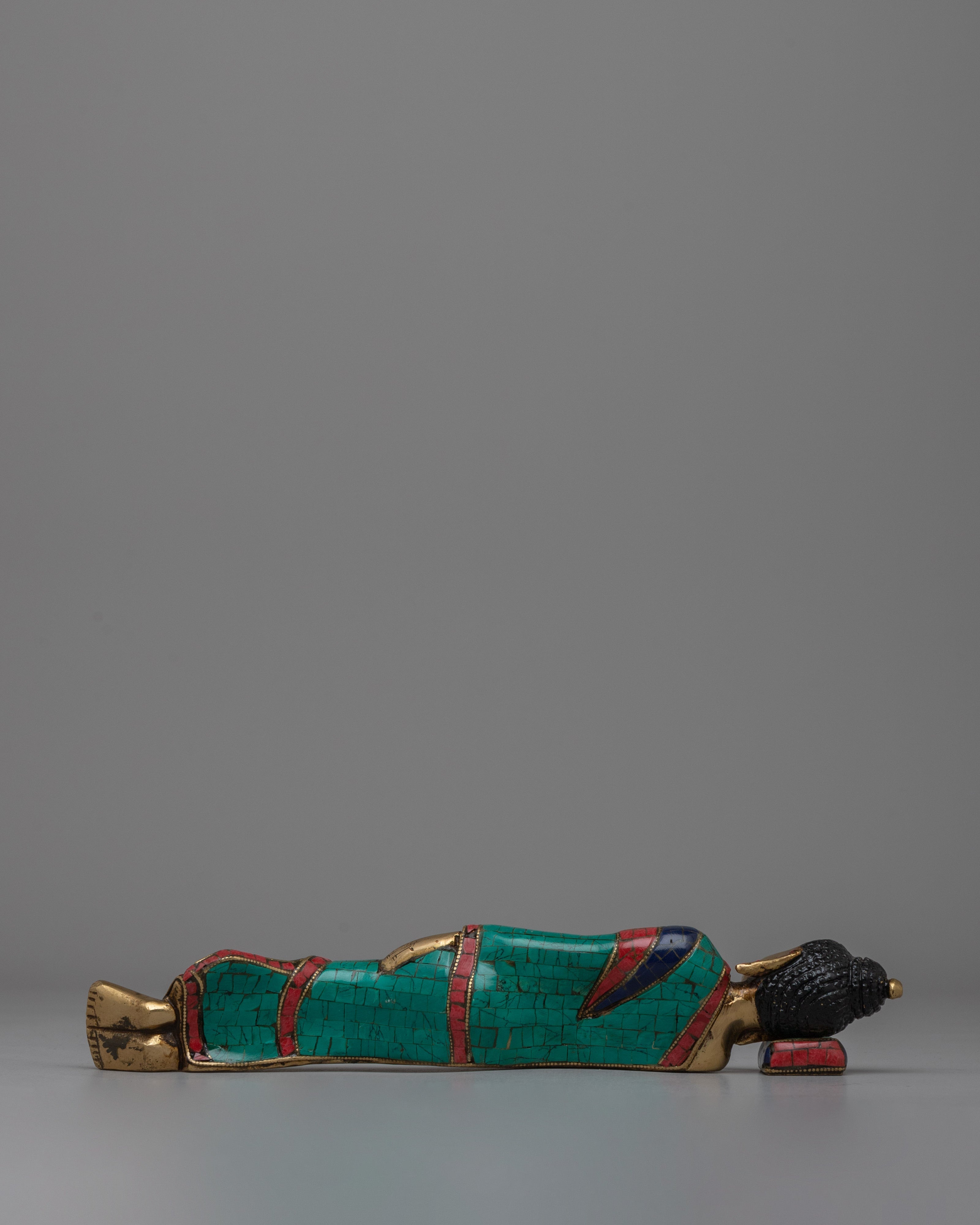 Brass Sleeping Buddha Statue | Symbolic Sleeping Buddha with Coral and Turquoise Inlay