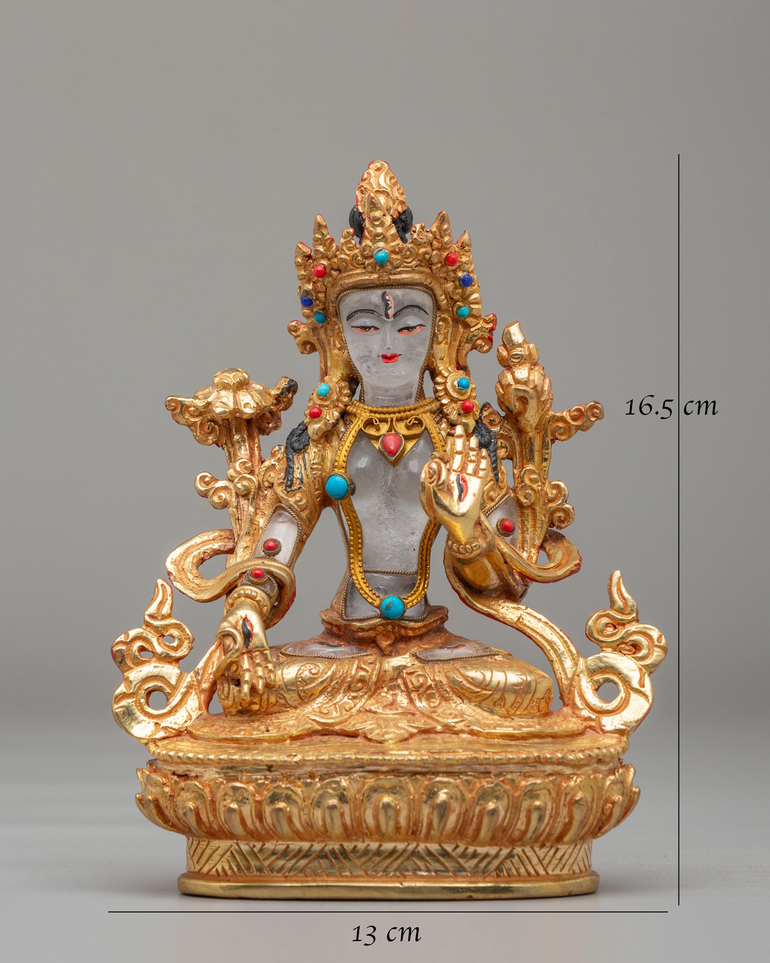 White Tara Spiritual Sculpture | Copper Buddhist Statue with Gemstone Details