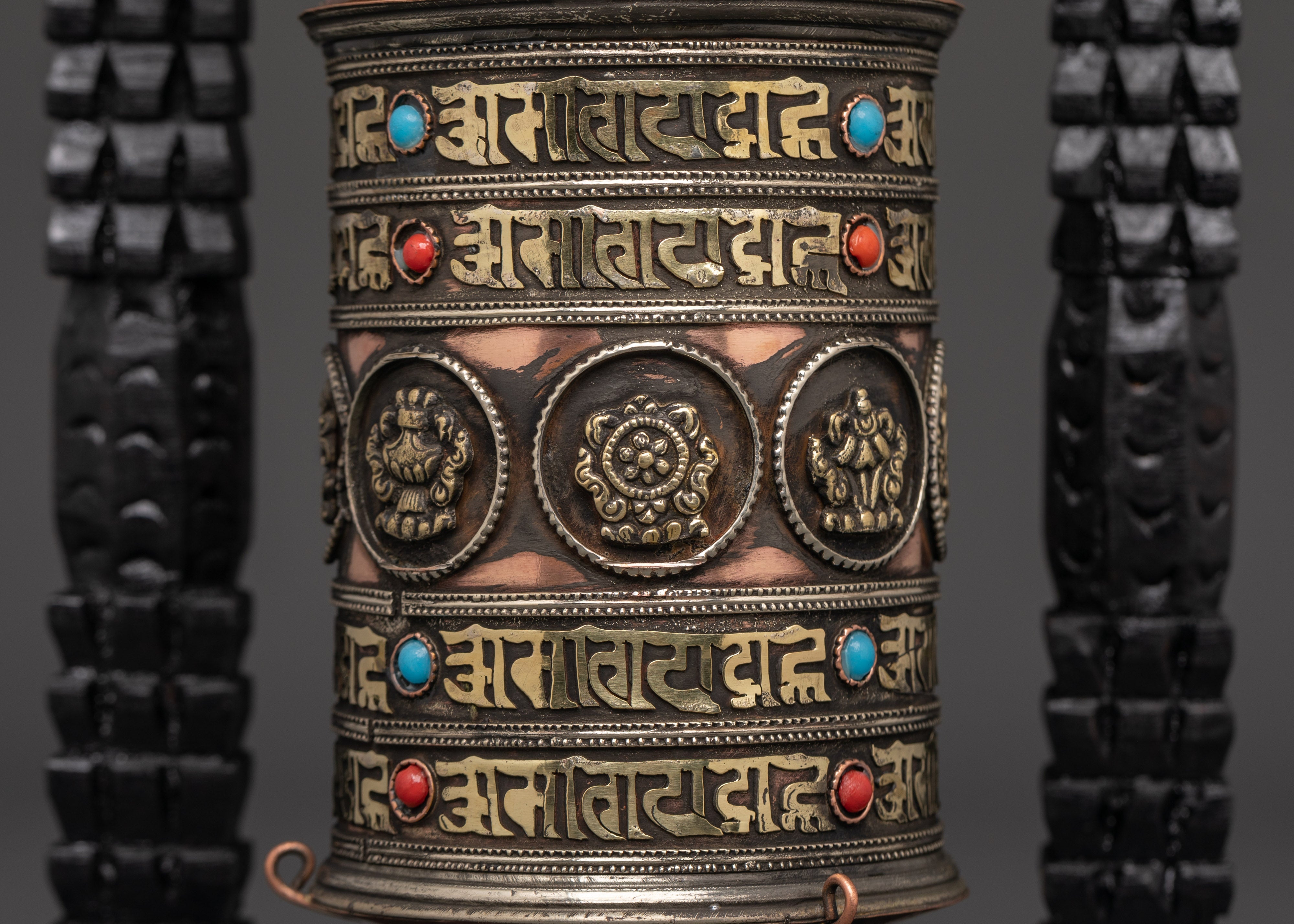 Prayer Wheel Featuring Buddhist Auspicious Symbols | Handcarved Wooden Frame
