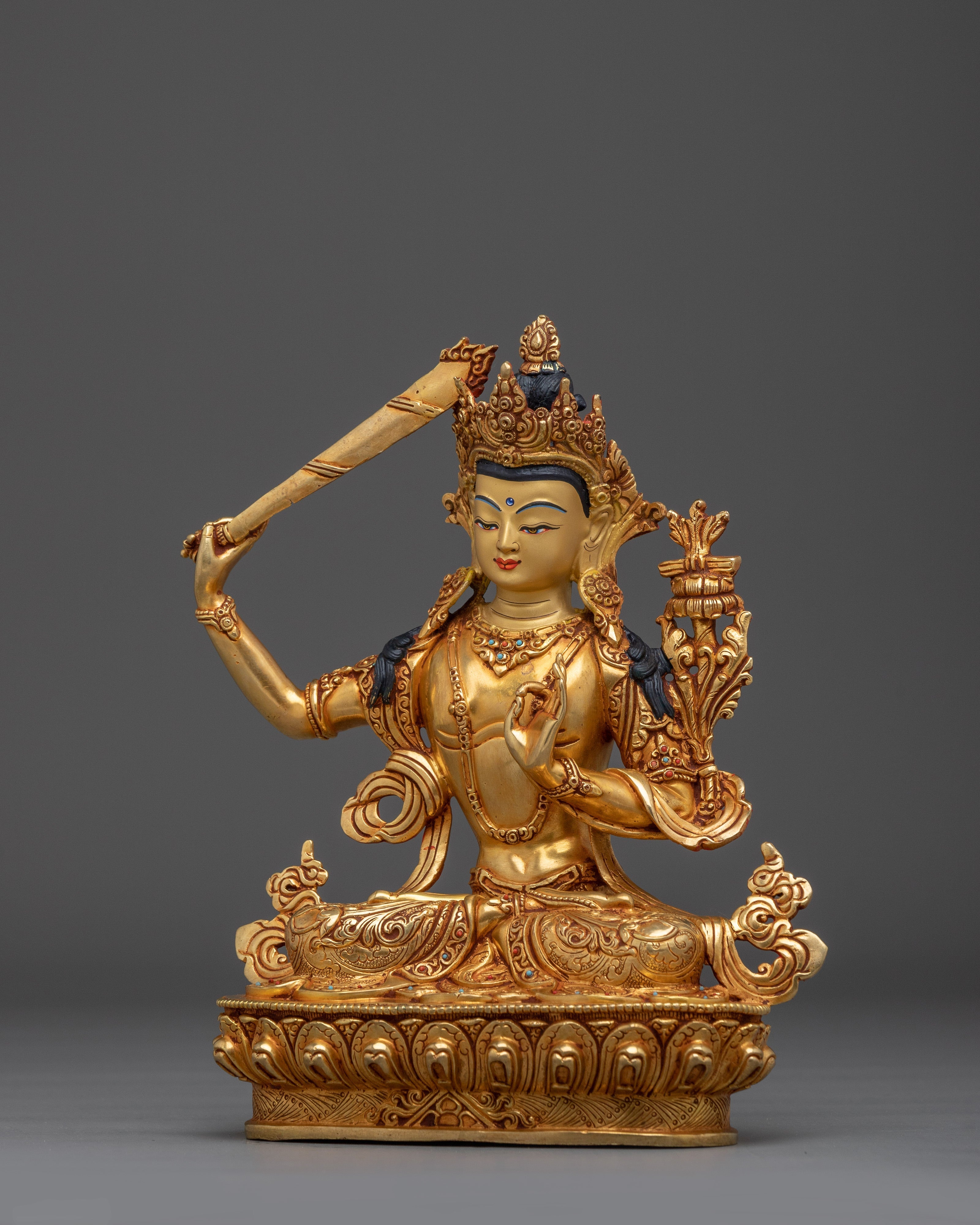 Golden Wisdom Embodiment Manjushri Statue | Buddhist Spiritual Artwork