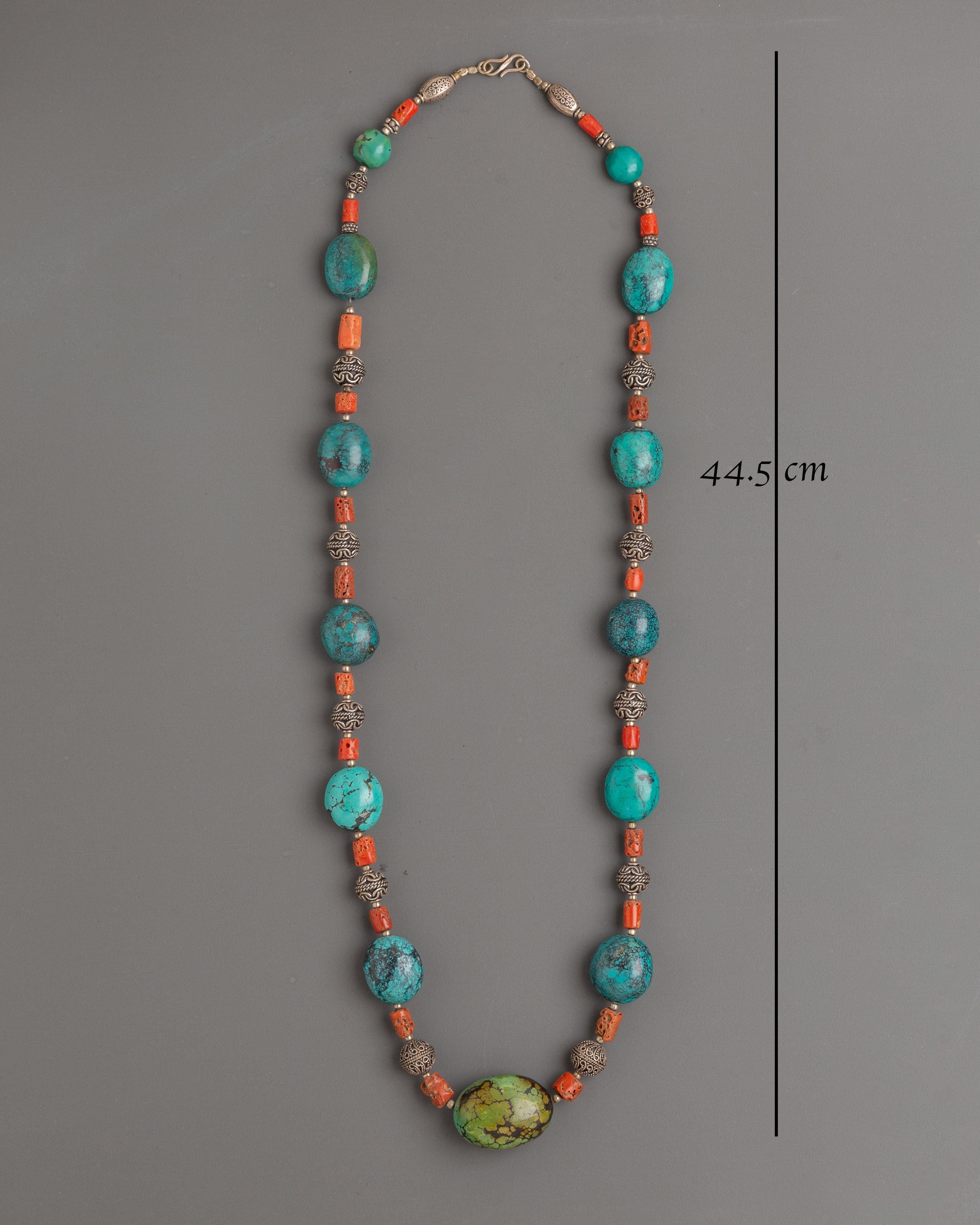 Sacred Turquoise Coral Beaded Mala | Tibetan Prayer Beads Silver Jewelry