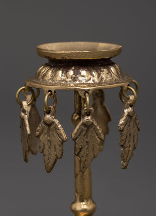 Traditional Brass Oil Lamp with Hanging Leaf Charms | Hindu & Buddhist Diya for Puja