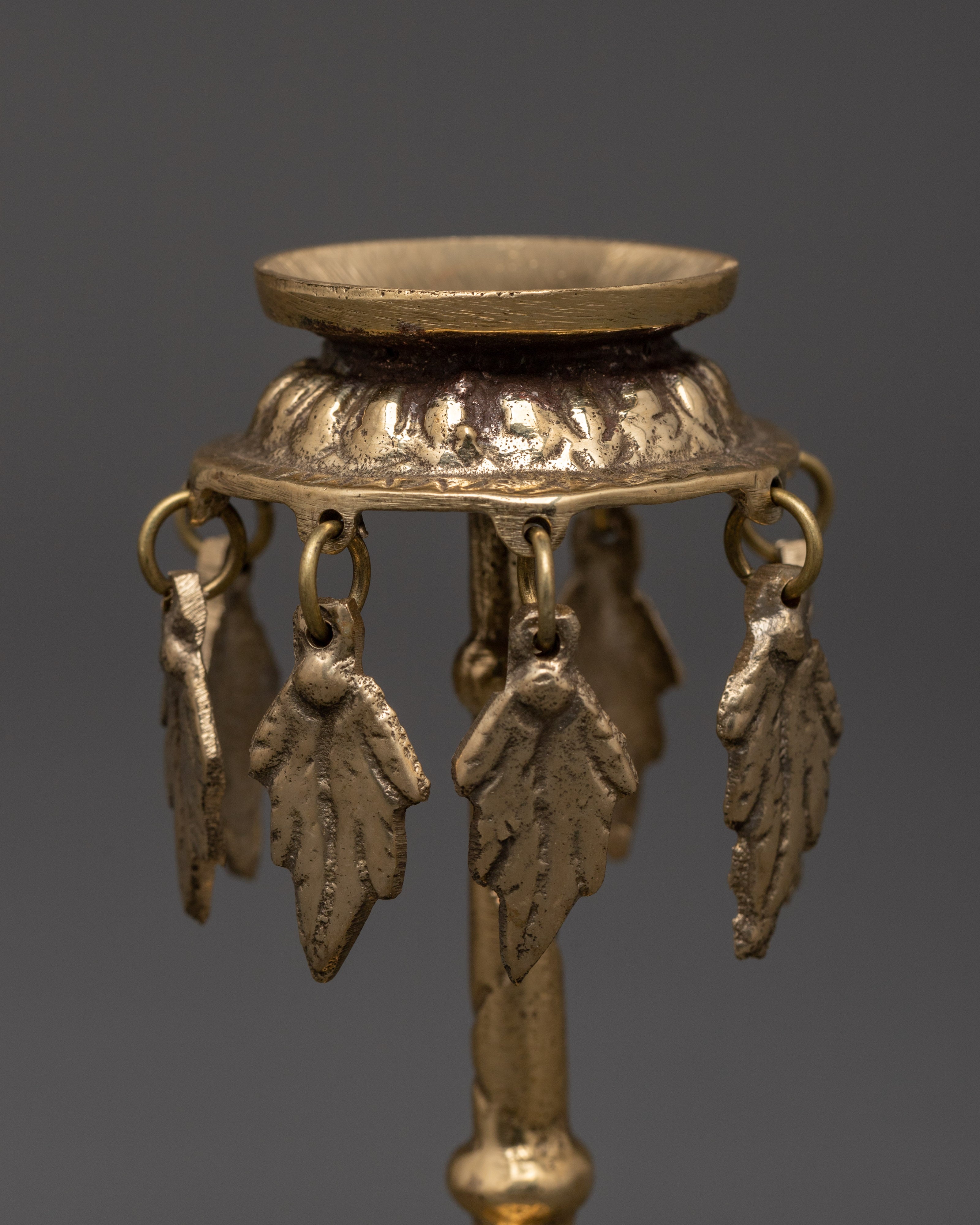 Traditional Brass Oil Lamp with Hanging Leaf Charms | Hindu & Buddhist Diya for Puja