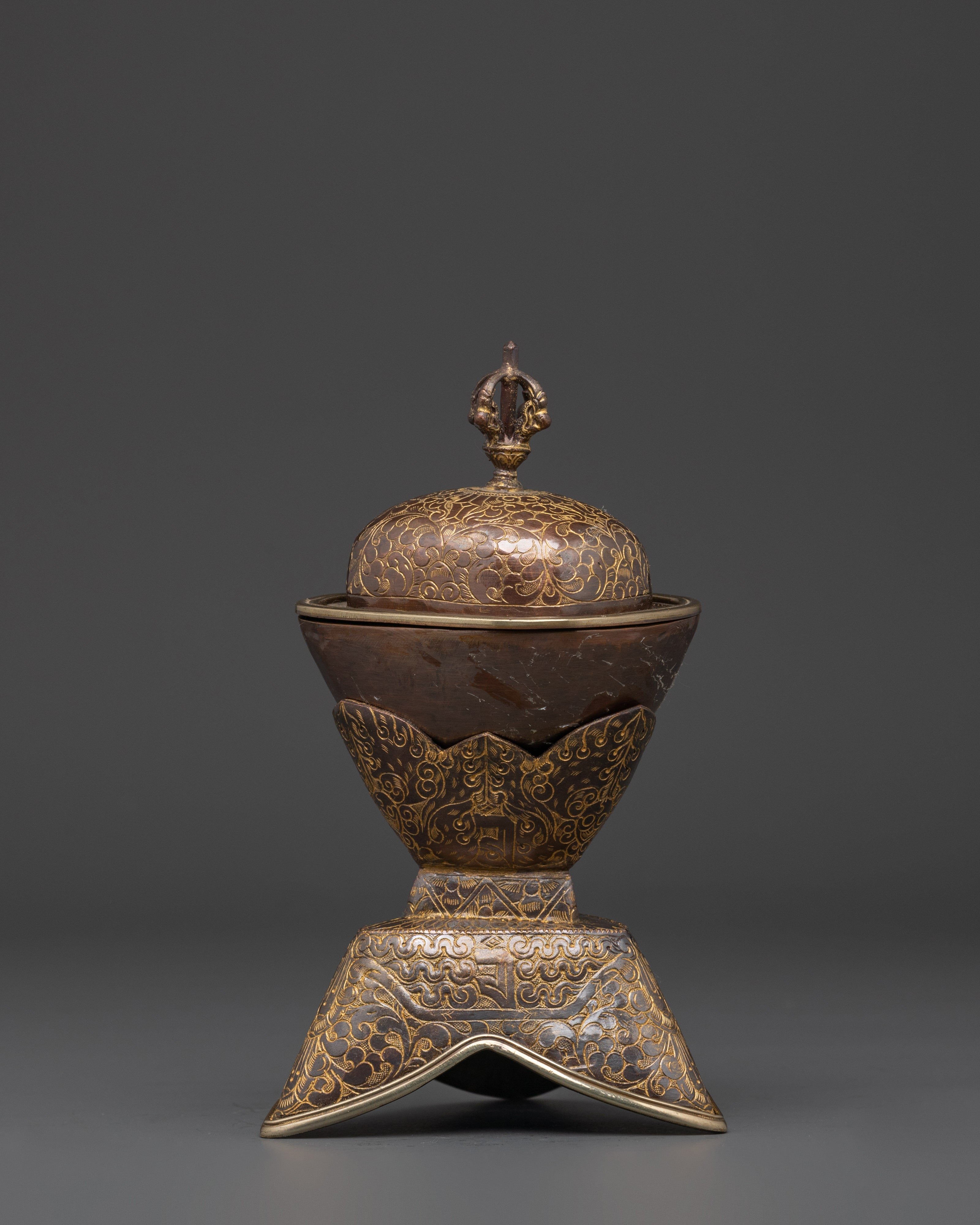 Tibetan Kapala Set for Buddhist Rituals | Oxidized Copper Skull Cup with Vajra Lid
