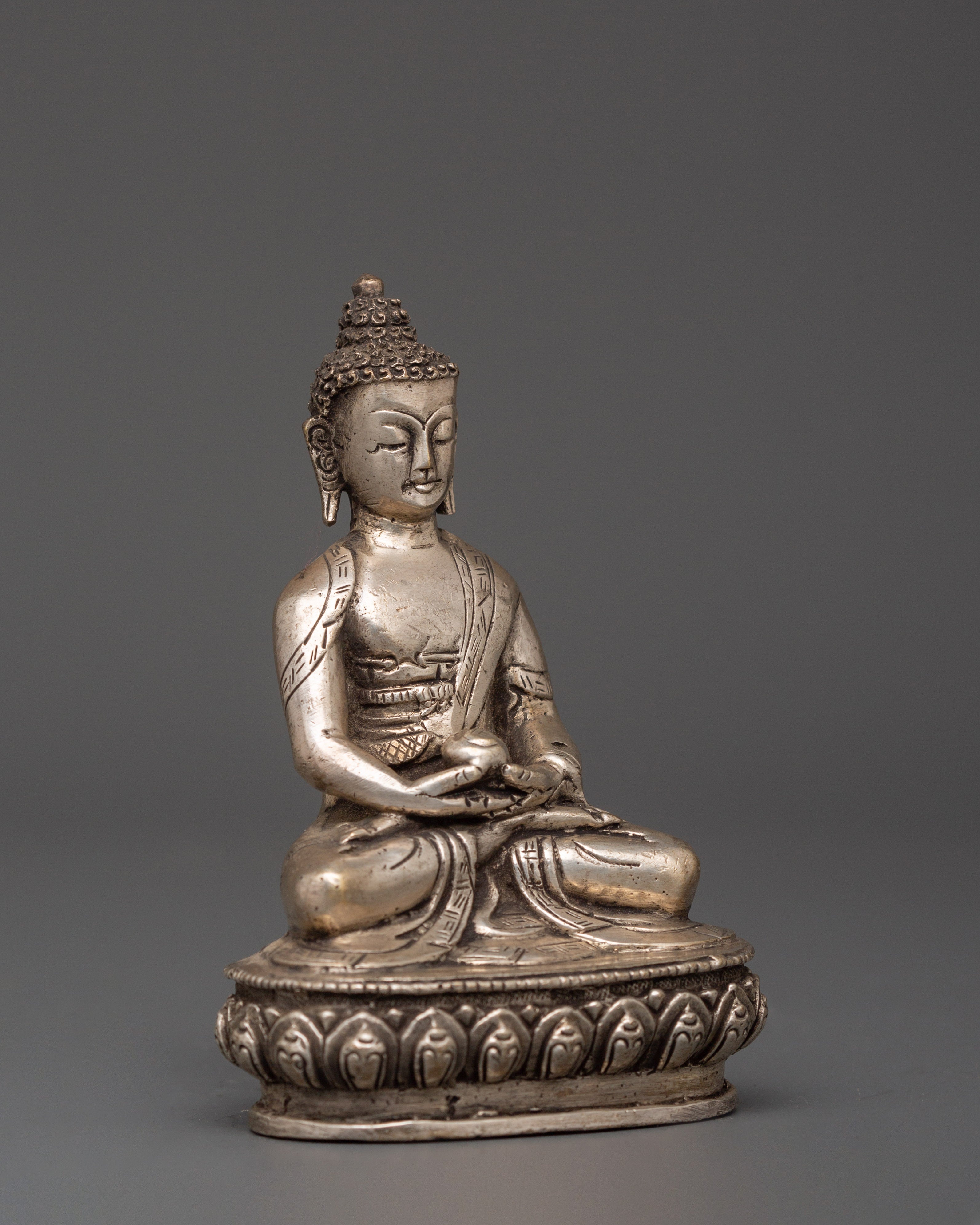 Tibetan Enlightenment Deity Amitabha Buddha Statue | Silver-Plated Copper Sculpture