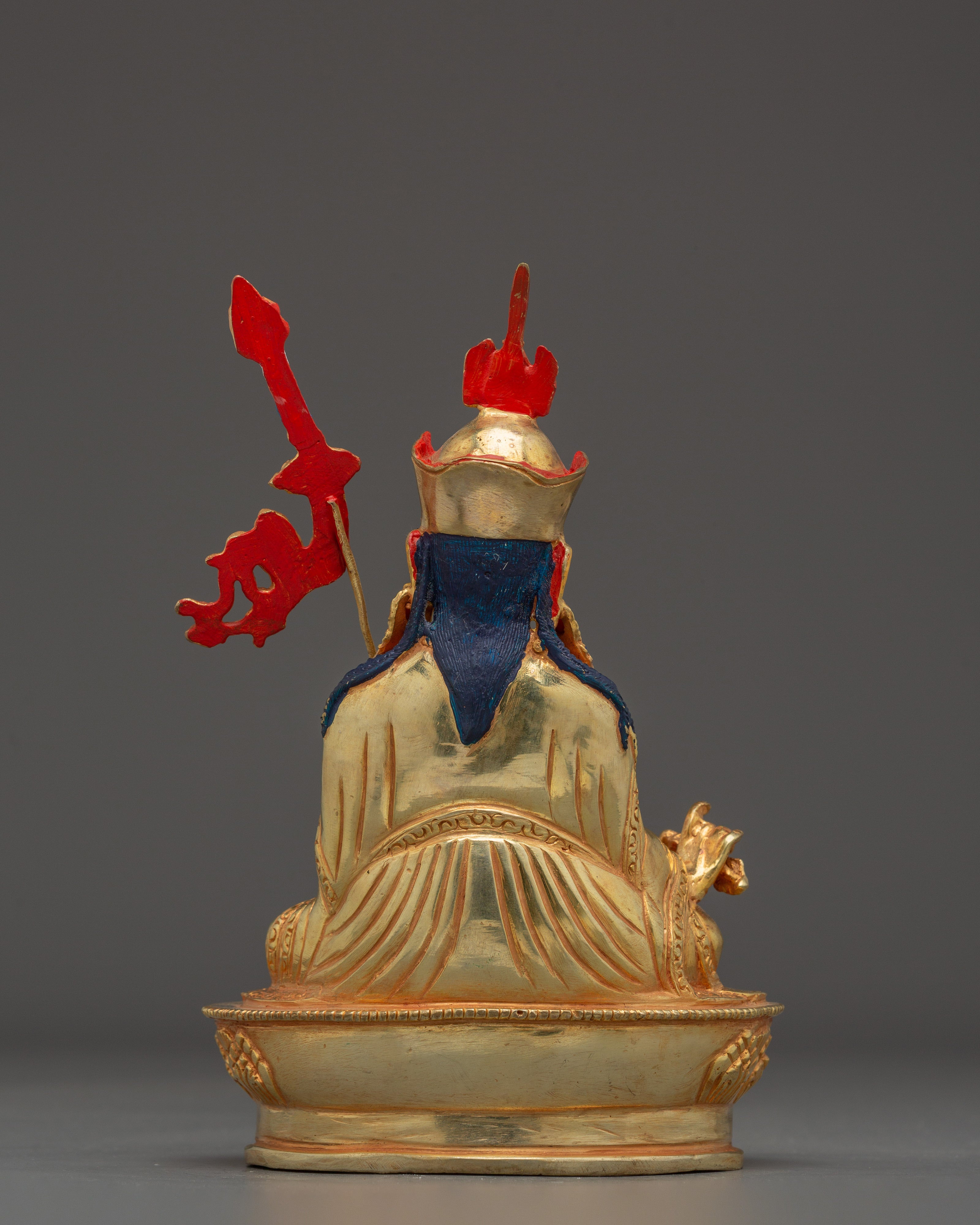 Sacred Padmasambhava Statue | Gold Plated Copper Buddha Sculpture with Coral & Turquoise