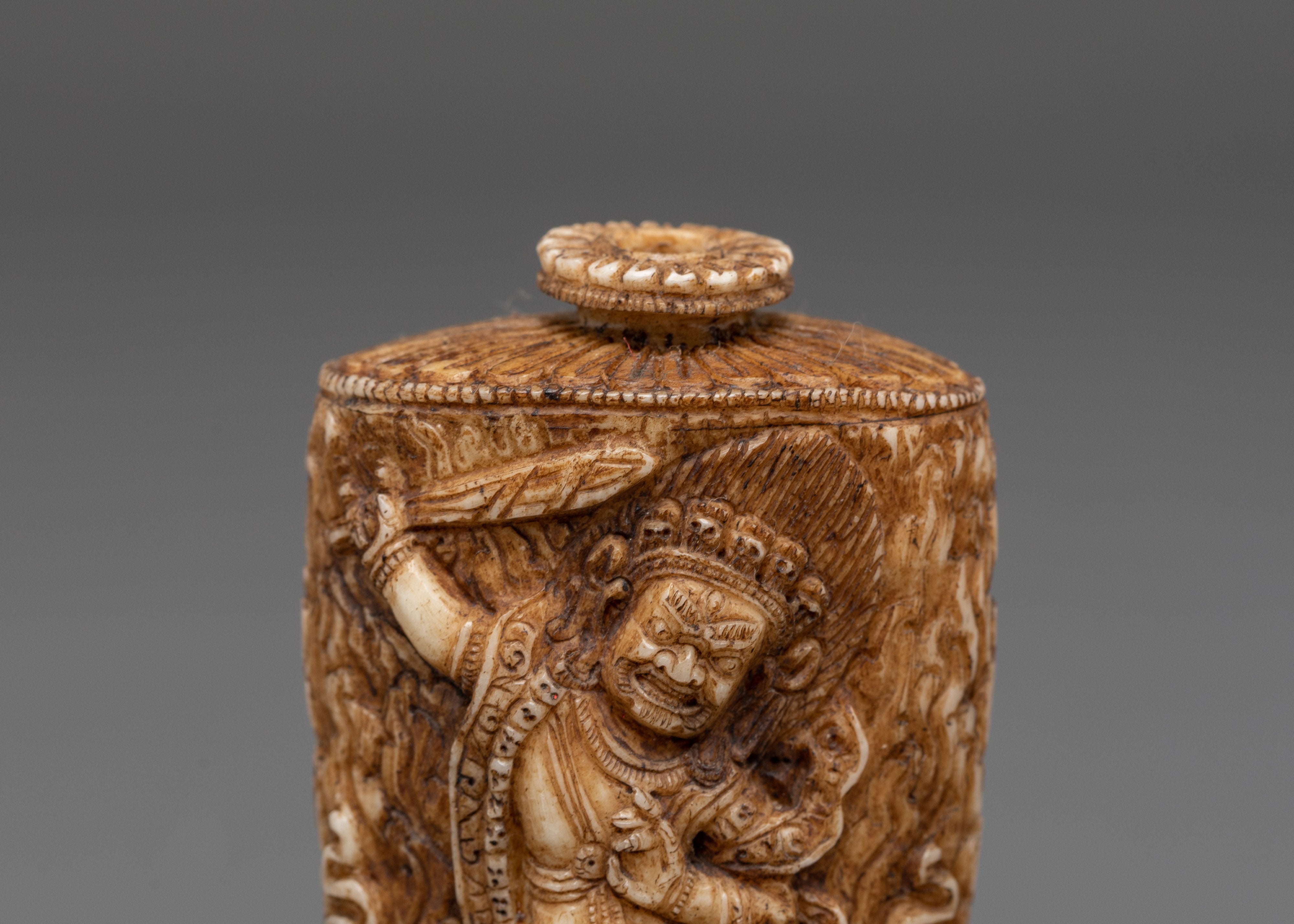 Hand-Carved Tibetan Guardian Deity Snuff Pot | Tibetan Buddhist Ritual Object