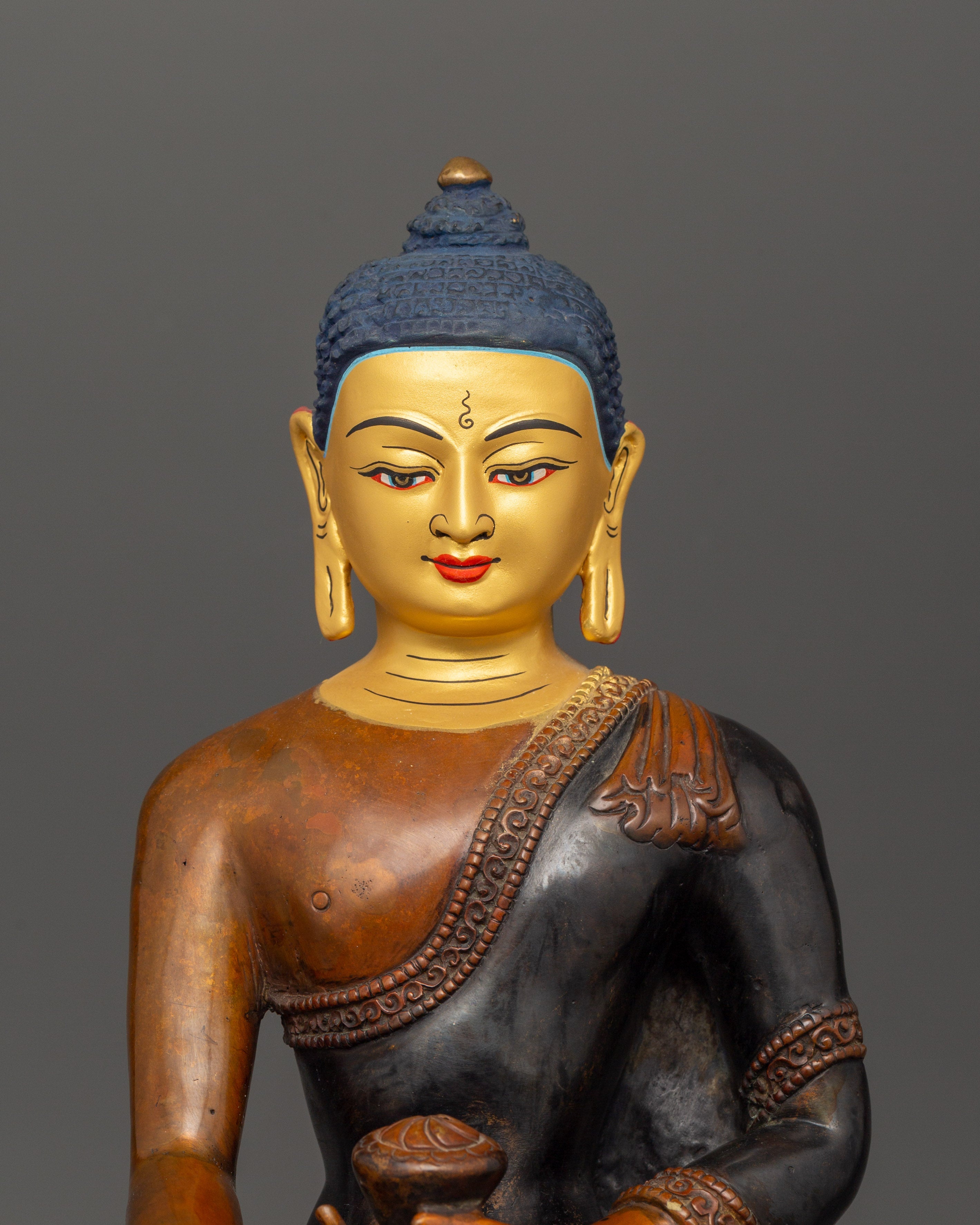 Shakyamuni Buddha Tibetan Buddhist Statue | Oxidized Copper Body with Gold Plating