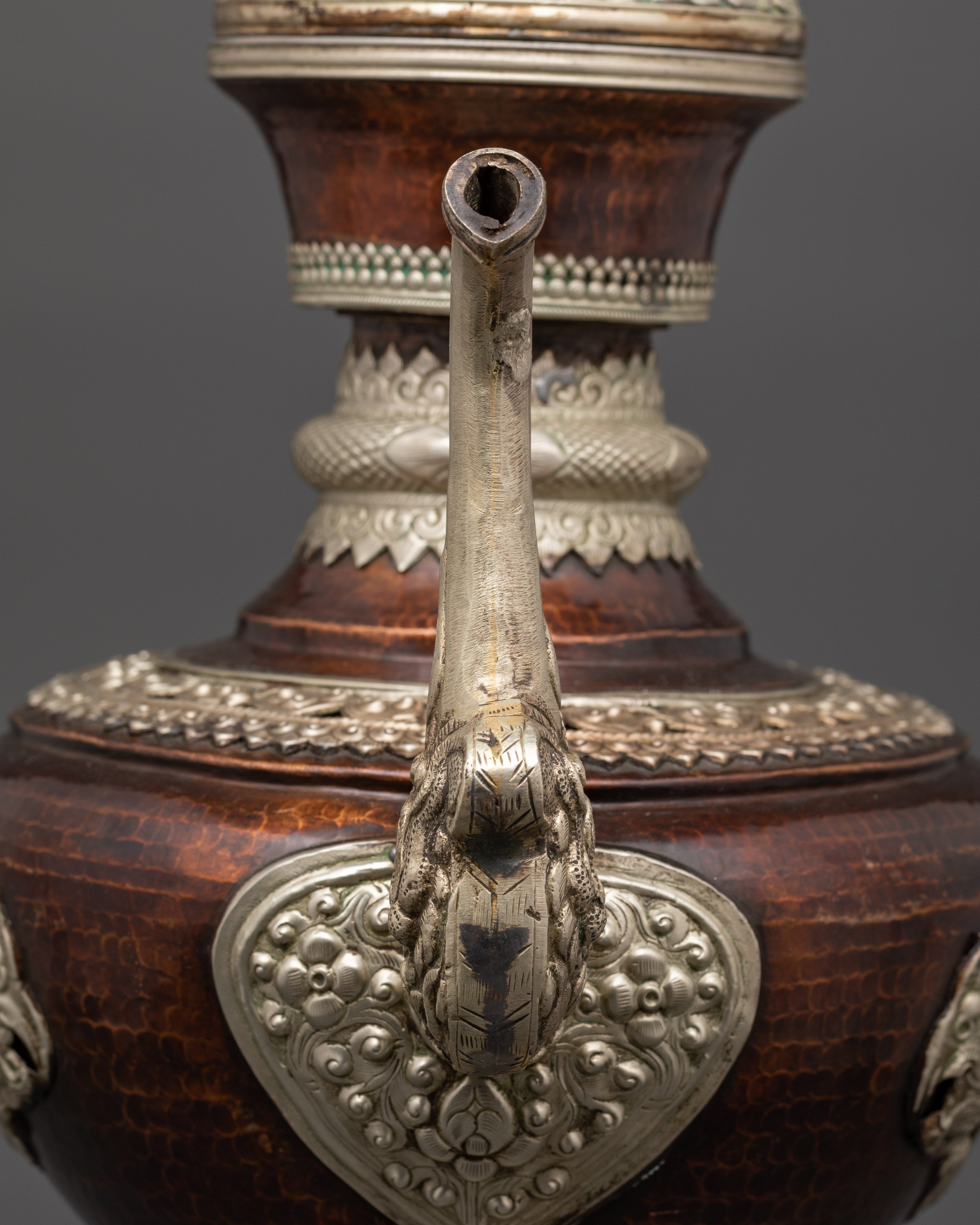 Handcrafted Copper Tea Pot Set | White Metal Himalayan Ritual Pair