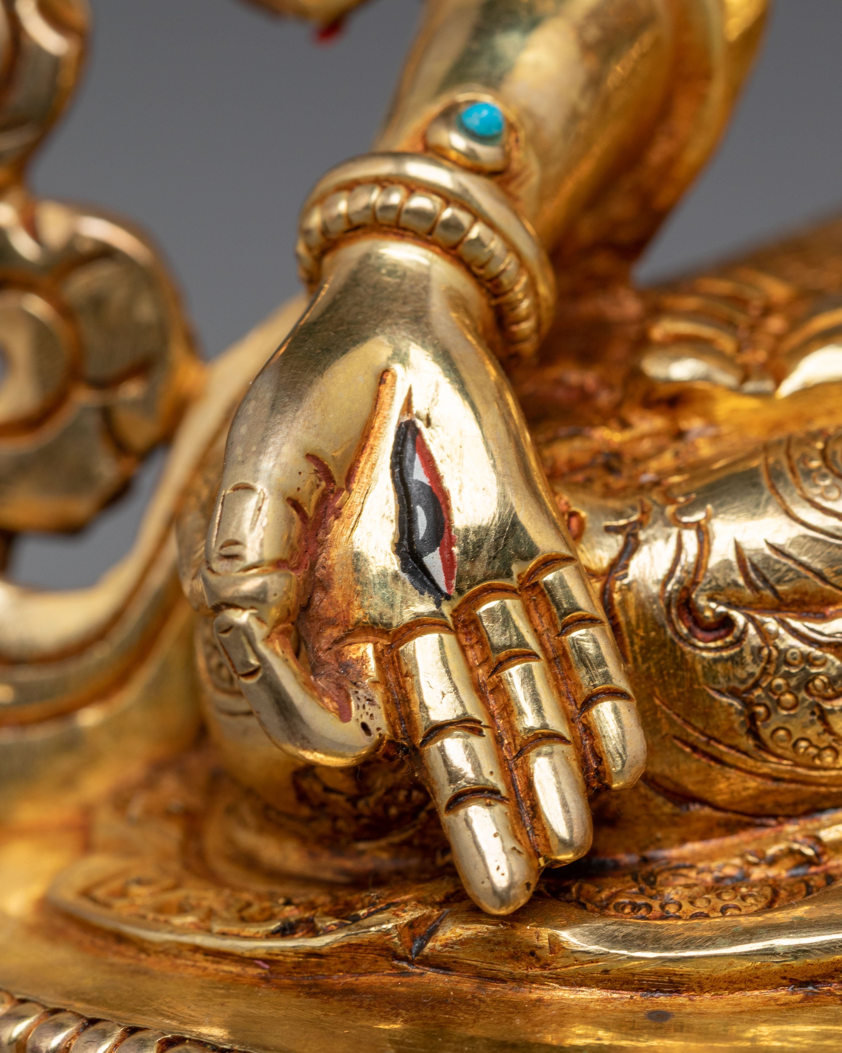 Statue of Sita Tara | Gold Plated Copper Sculpture with Coral and Turquoise