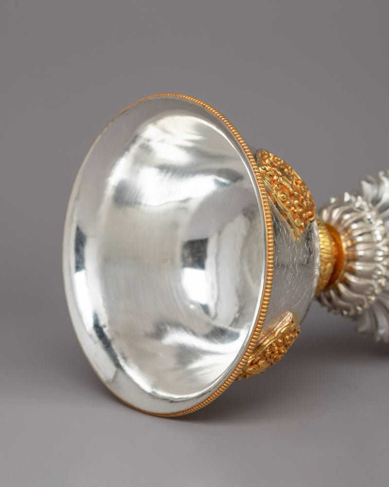 Handcrafted Silver and Gold Plated Butter Lamp Set | Buddhist Prayer Lamp