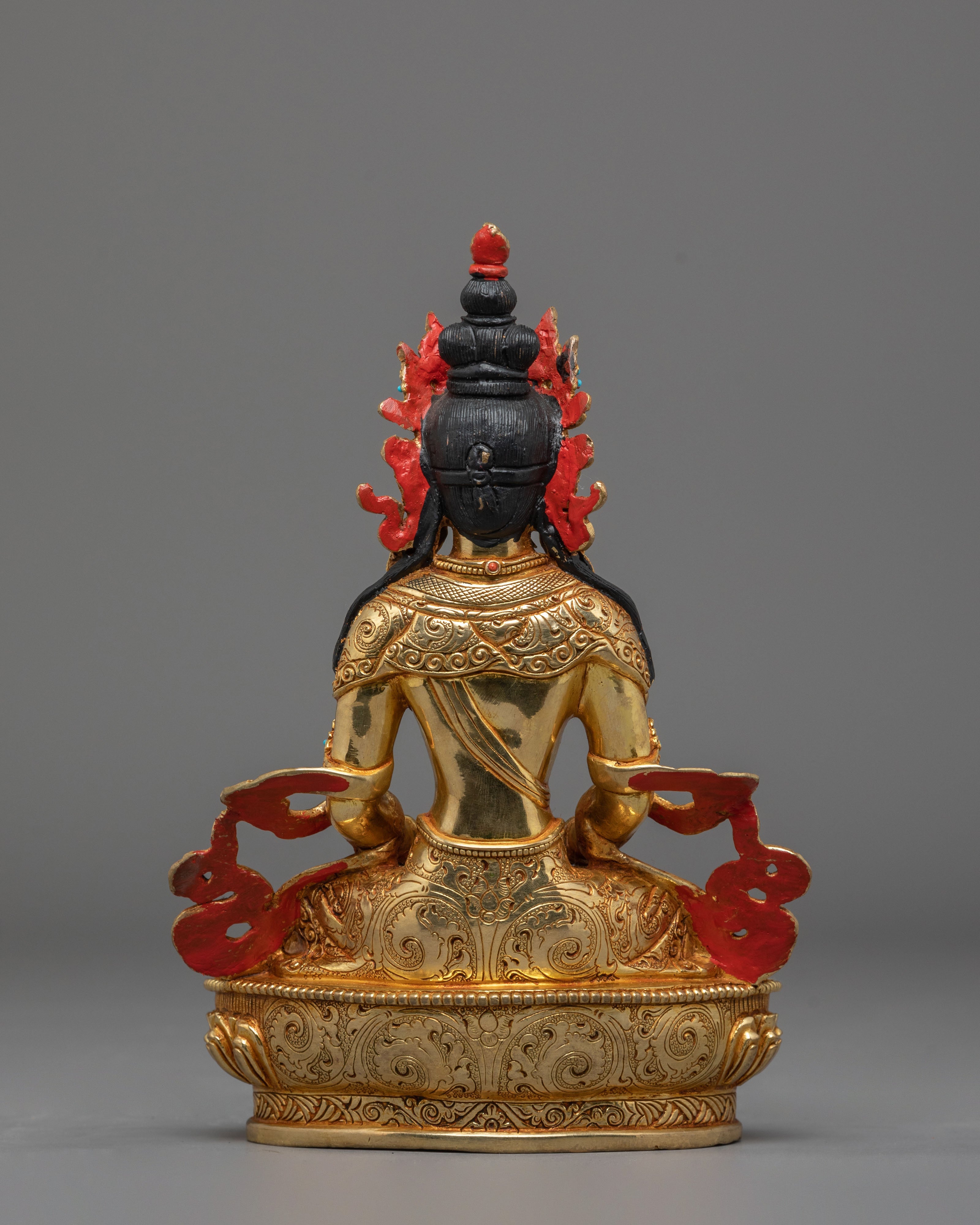 Sacred Amitayus Buddha Statue | Gold Plated Sculpture with Coral & Turquoise