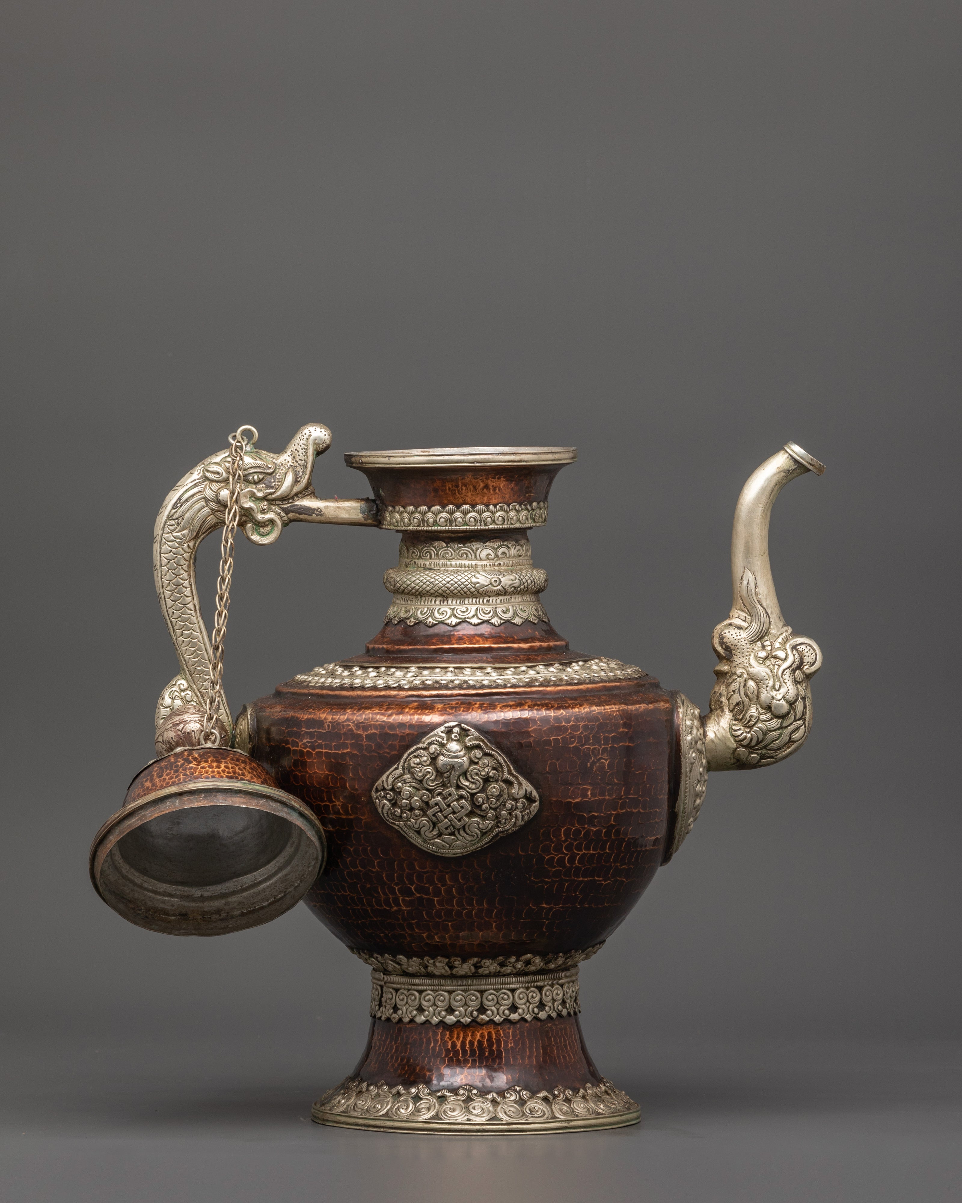 Handcrafted Copper Teapot with White Metal Overlay | Decorative Kettle