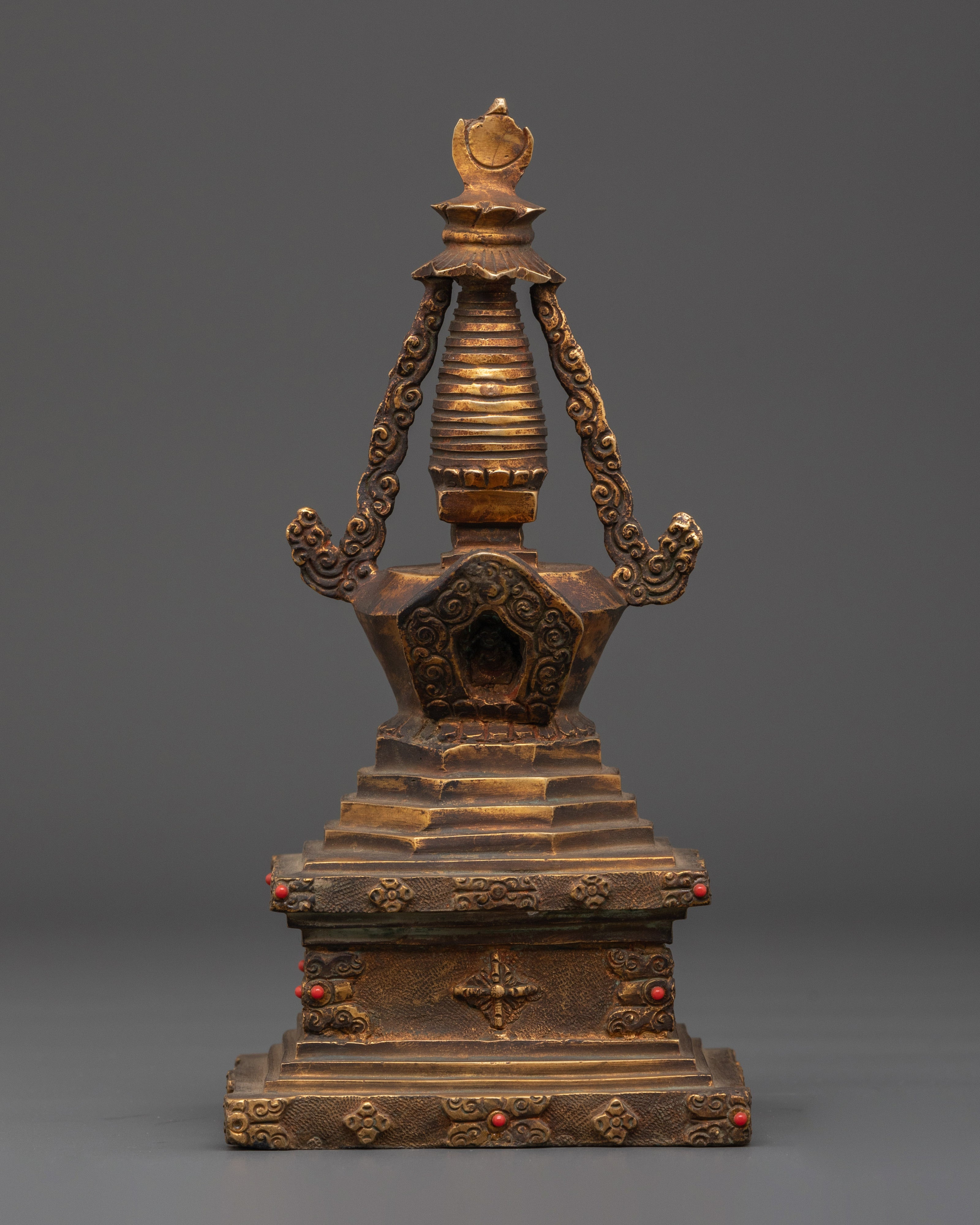 Copper And Gold Plated Stupa With Antique Finishing