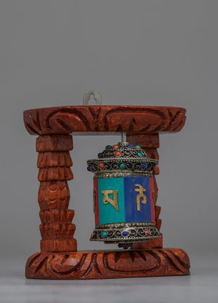 Compact Copper Prayer Wheel with Mantras and Stones | Vibrant Buddhist Devotional Tool