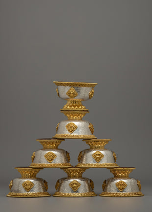 Handcrafted Silver Body and Gold-Plated Offering Bowls | Sacred Buddhist Decor Item