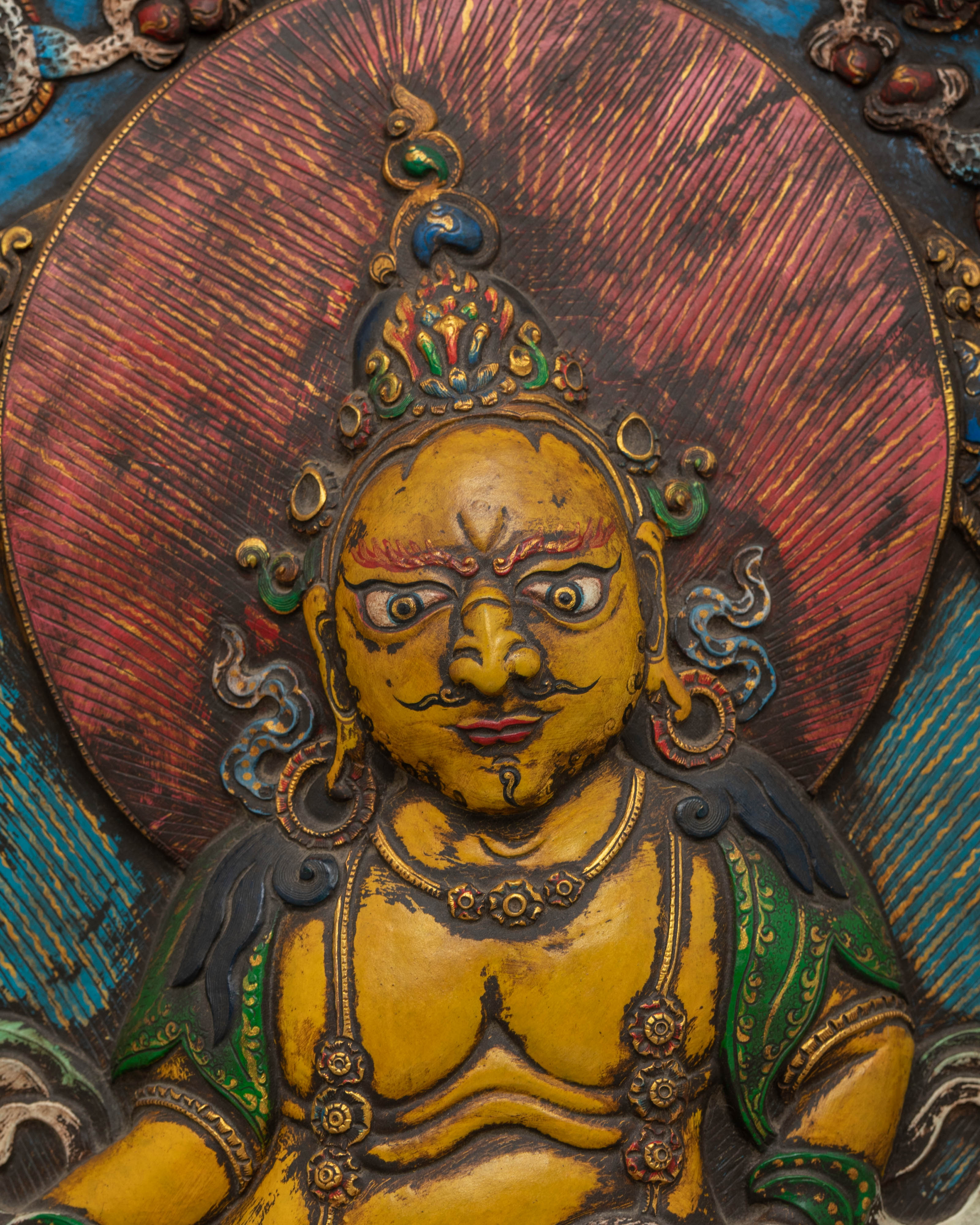 Sacred Yellow Dzambhala Wall Hanging | Tibetan Copper Art for Prosperity