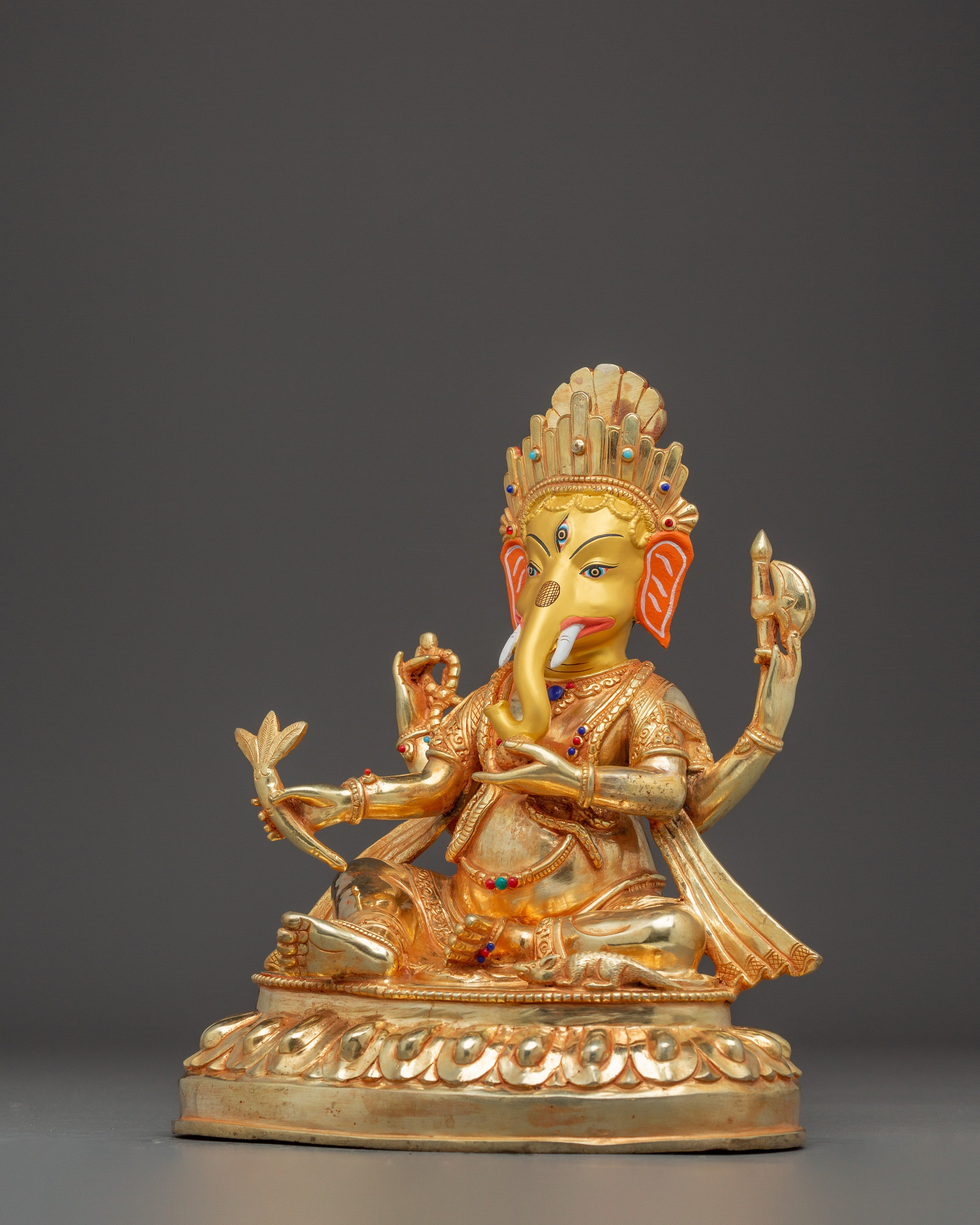 Handmade Gold-Plated Ganesha Sculpture | Copper Body with Coral & Turquoise Stones