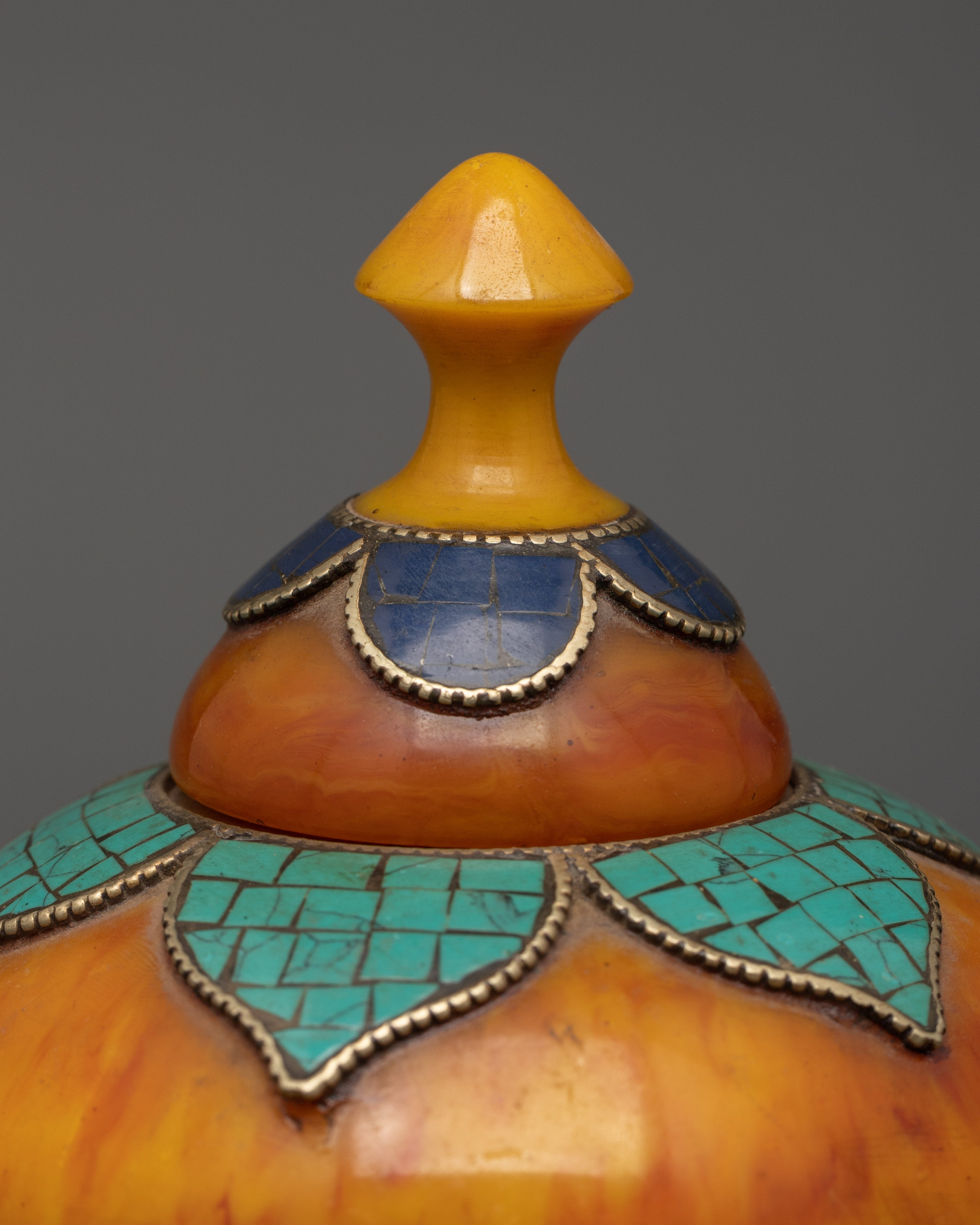 Amber Rice Pot Buddhist Altar Decor | Turquoise & Lapis Inlaid Ritual Rice Pot