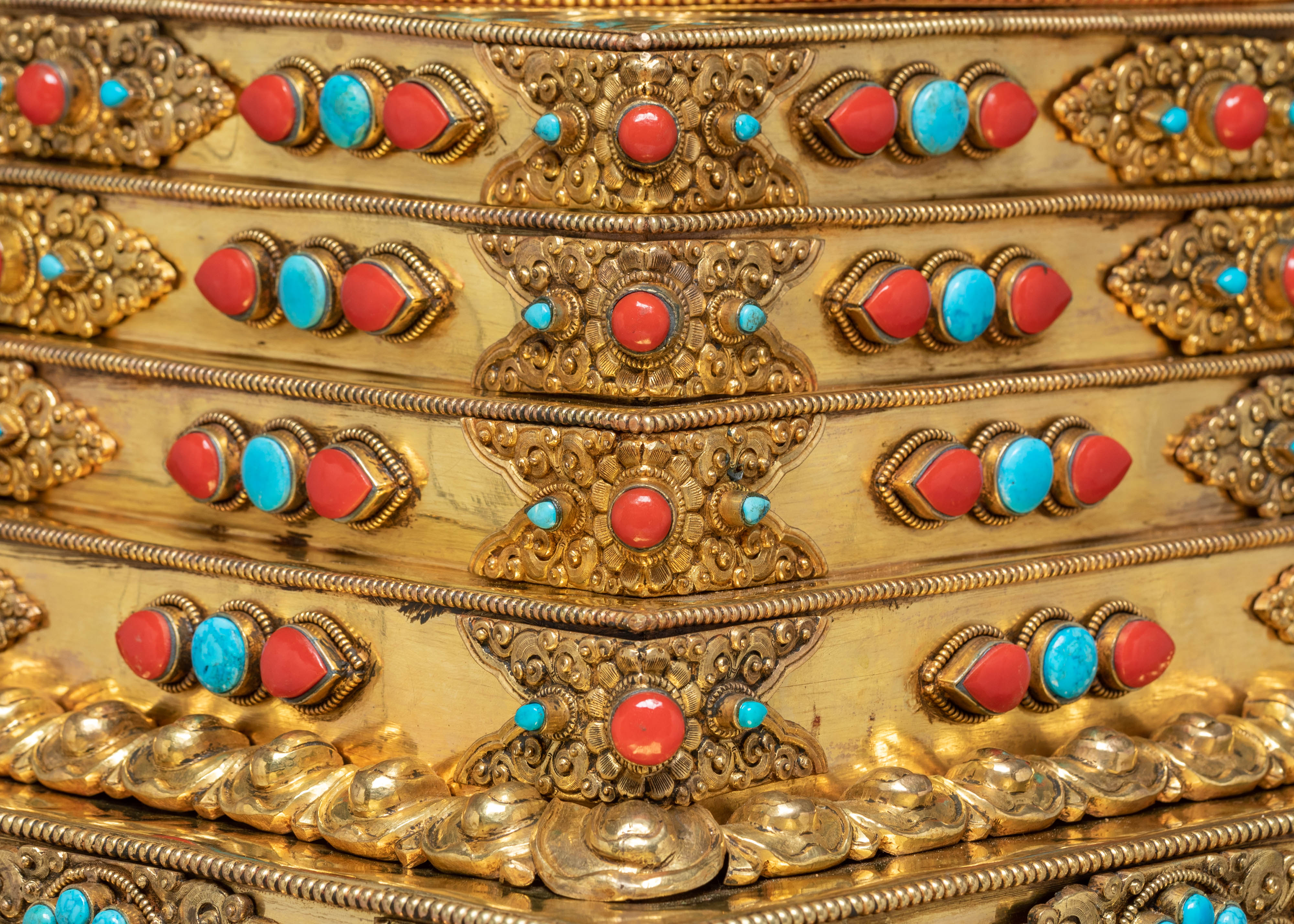 Buddhist Handcrafted Sacred Stupa | Gold-Plated Copper with Coral & Turquoise