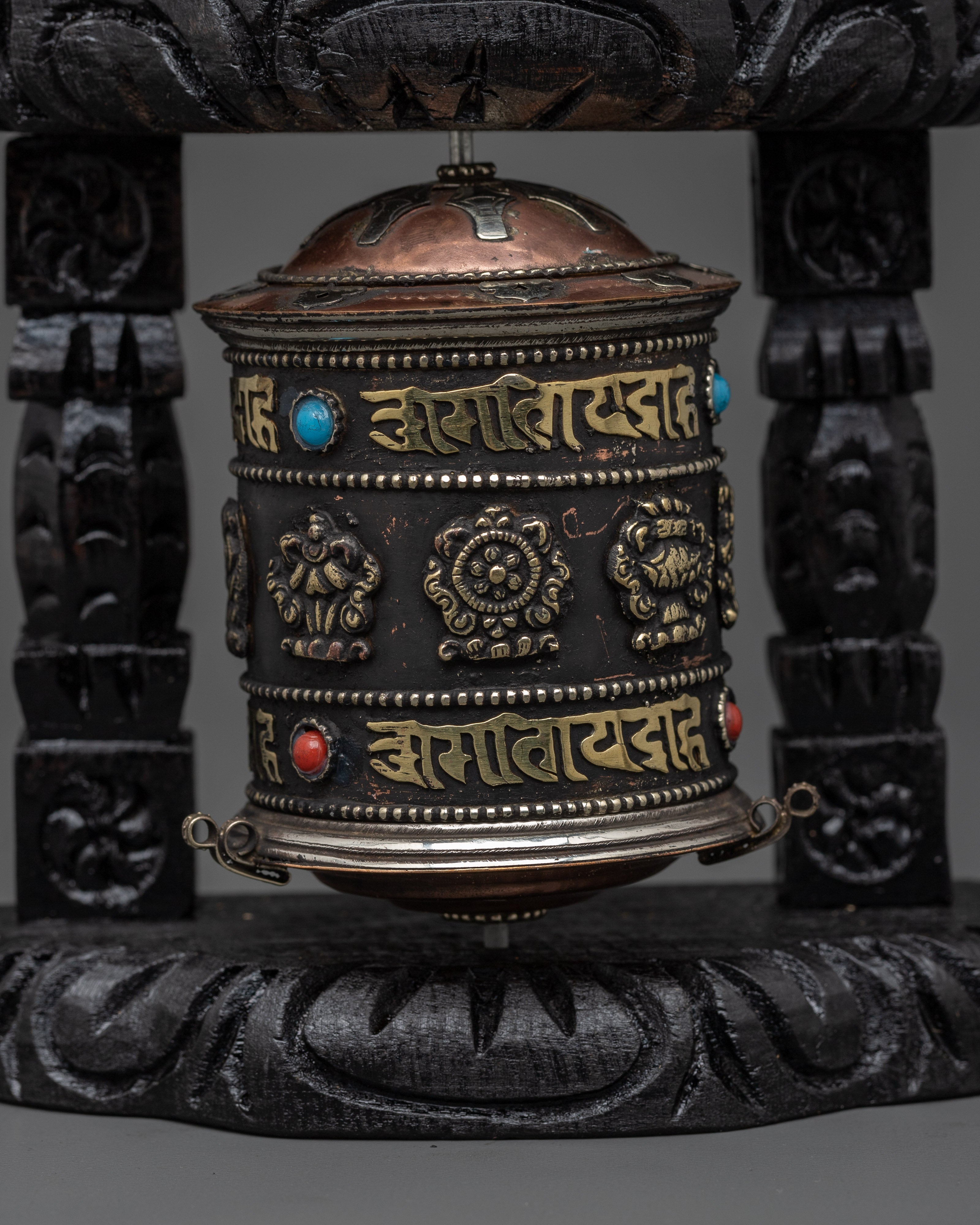 Prayer Wheel with Tibetan Auspicious Symbols | Tibetan Altar Decor for Mindfulness