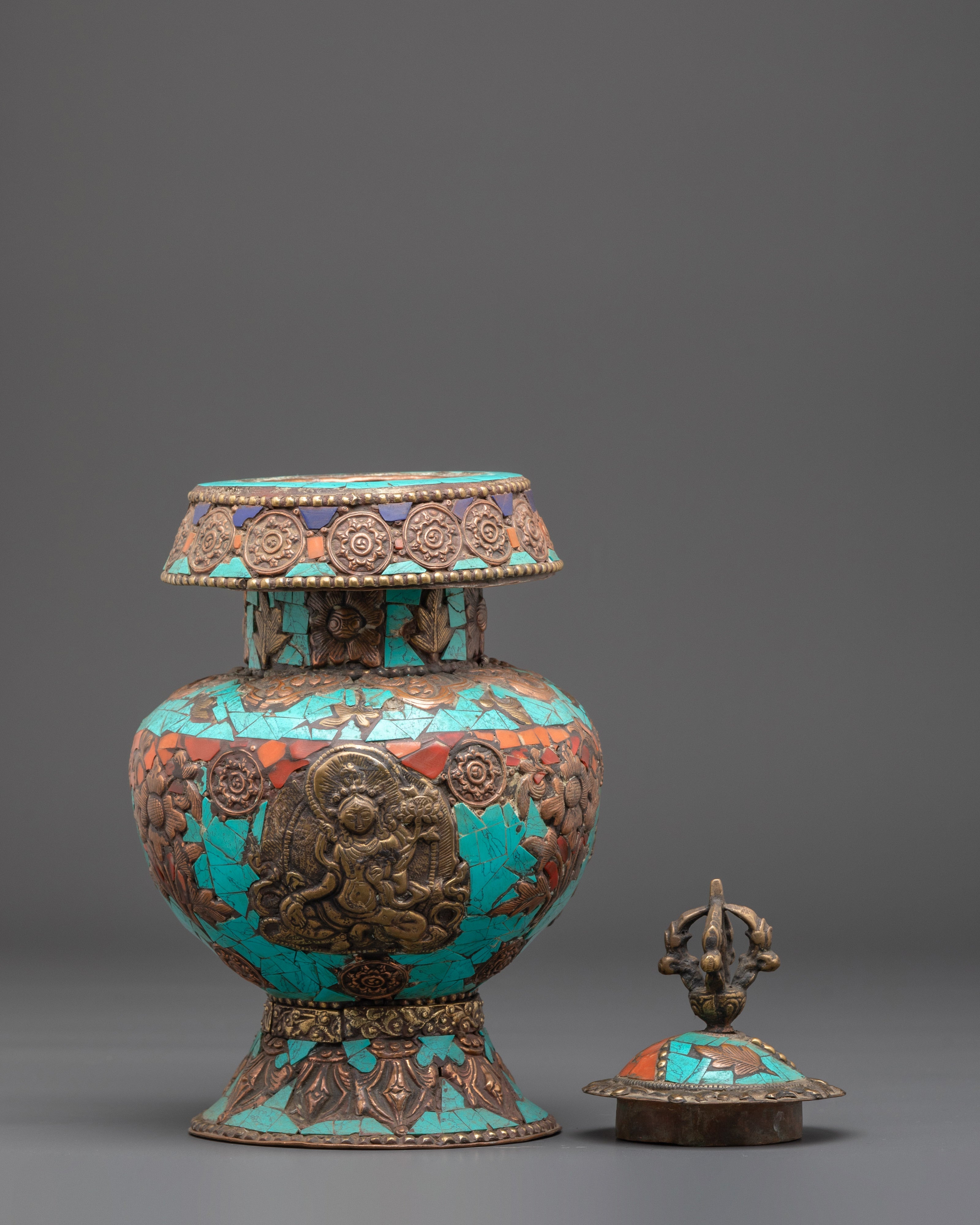 Copper Rice Pot with Turquoise and Coral Inlay | Symbol of Abundance and Prosperity