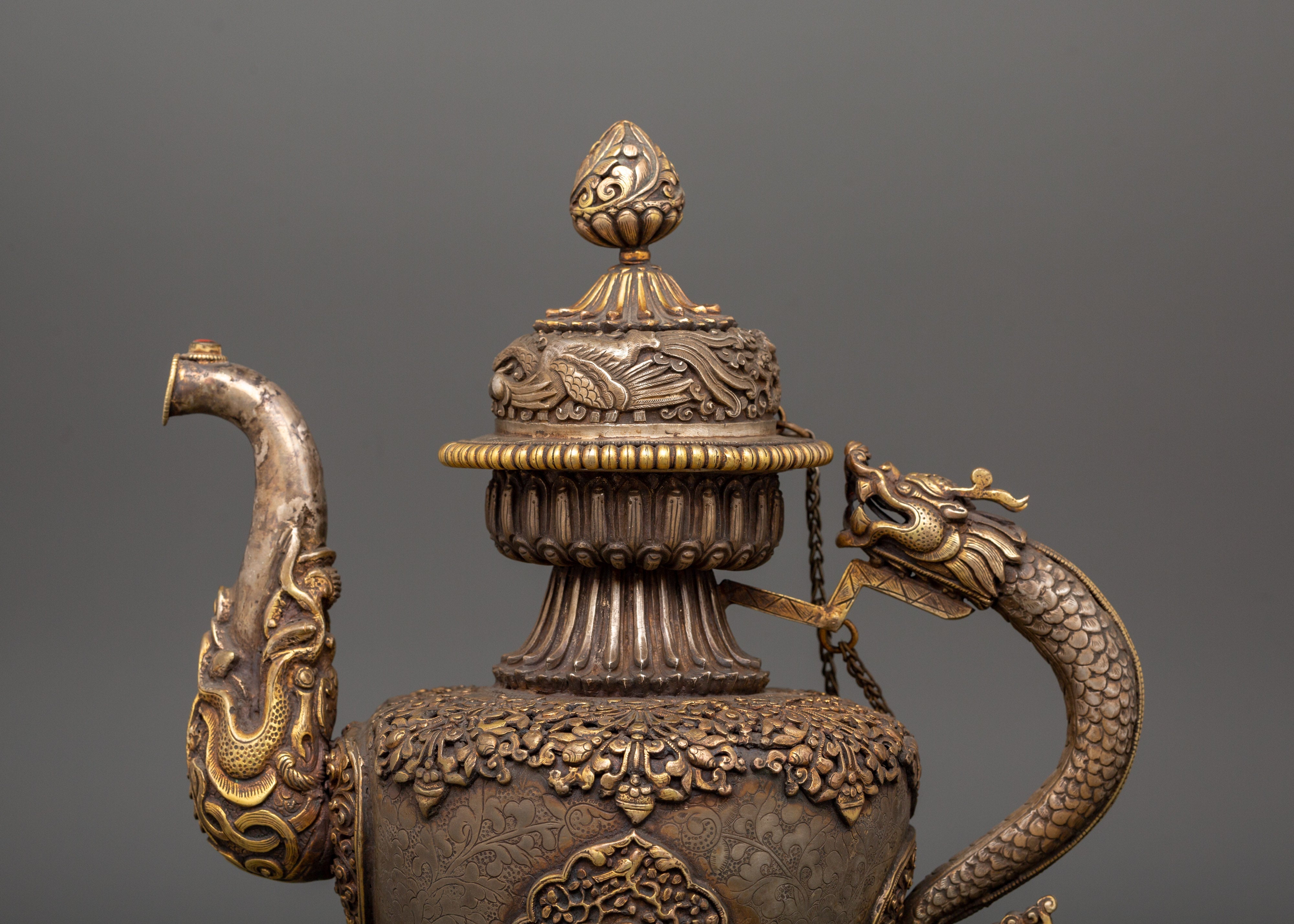 Tea Pot with Dragon Handle | Handcrafted Copper & Pure Silver with Gold Plating