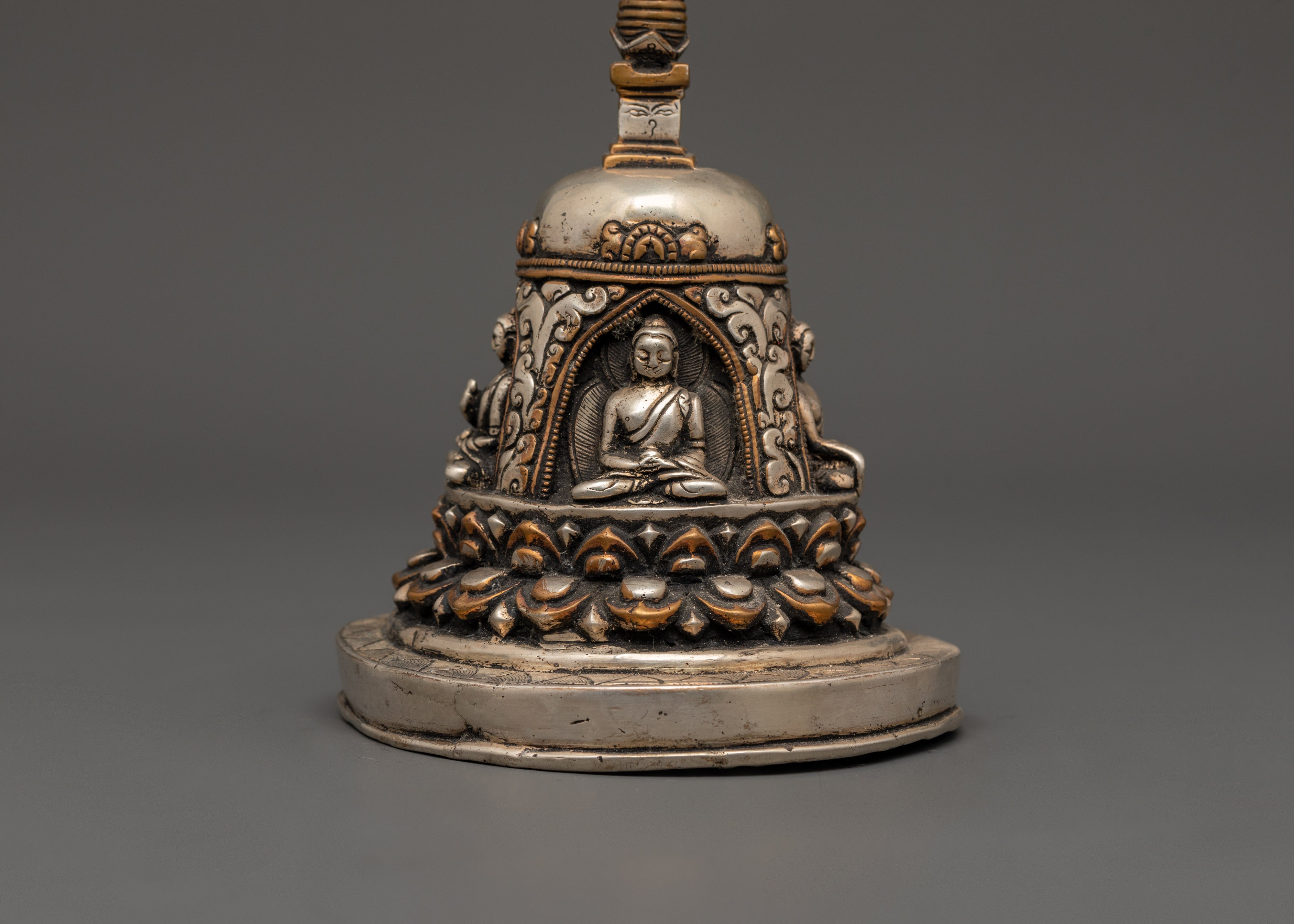 Oxidized Copper Stupa with Silver Plating 4 Buddha Engraved | Spiritual Home Decor