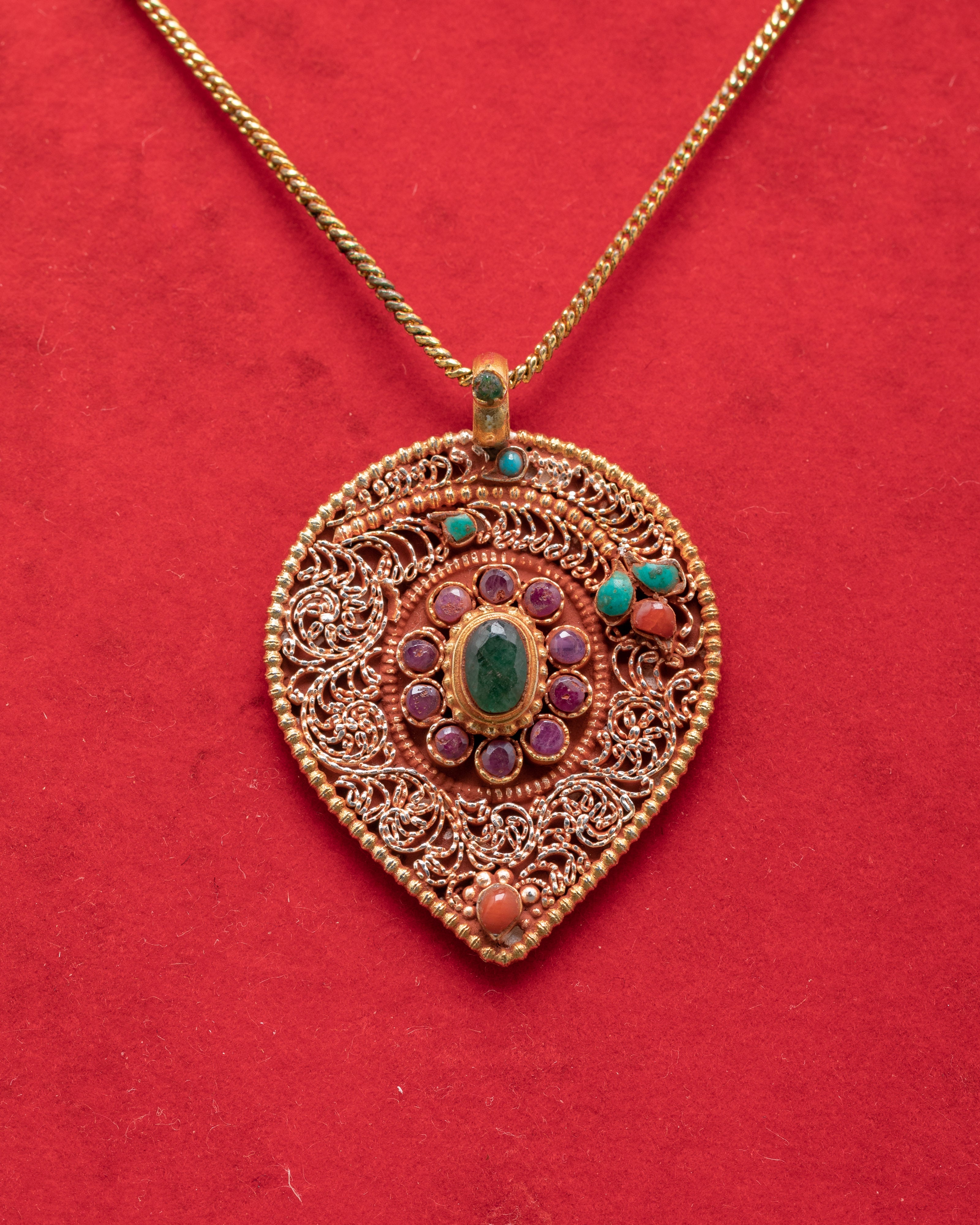 Handcrafted Silver Locket with Gold Plating | Elegant Pendant with Gemstones Inlays