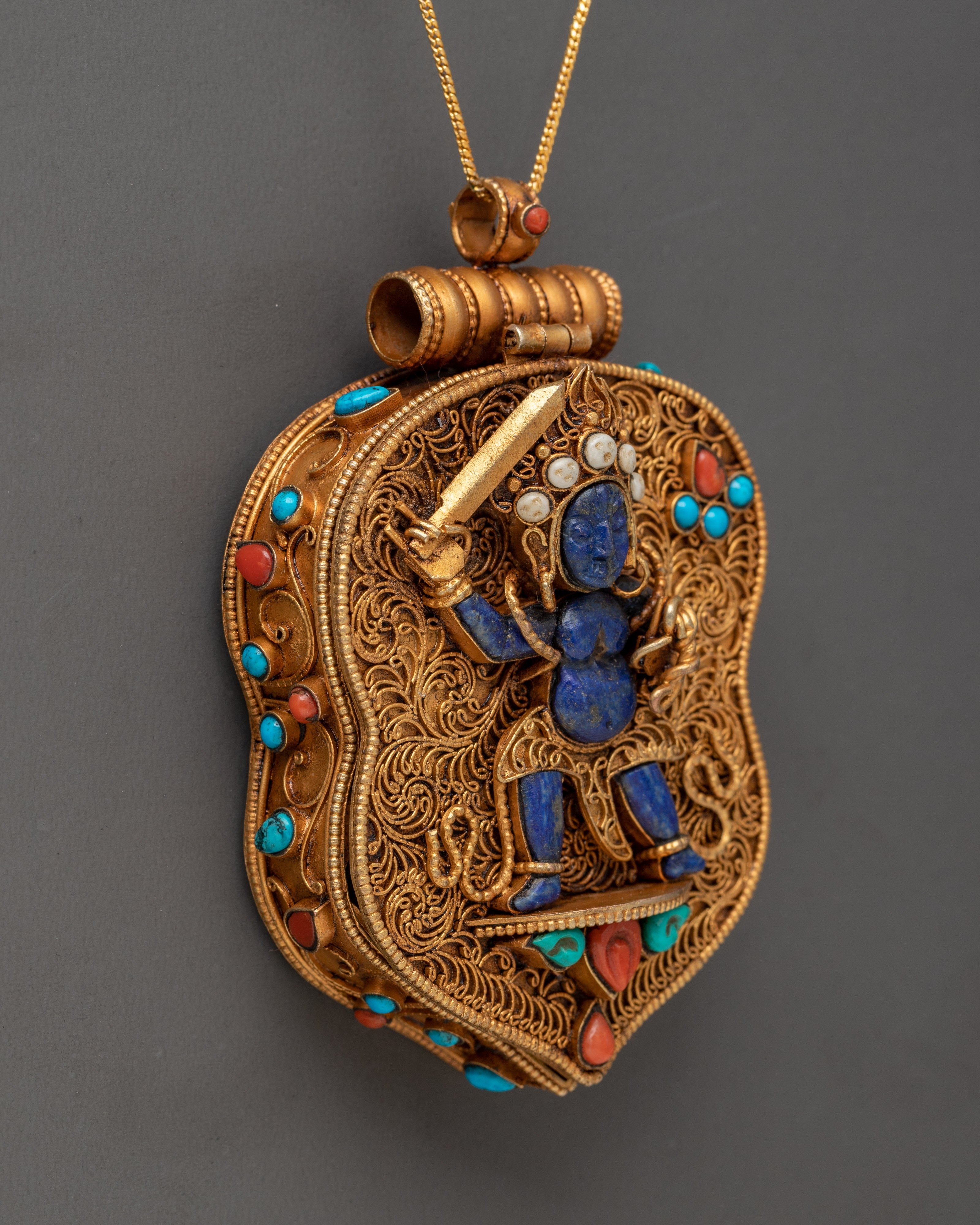 Lapis Lazuli Ghau Box Locket | Tibetan Gold Plated Amulet for Protection