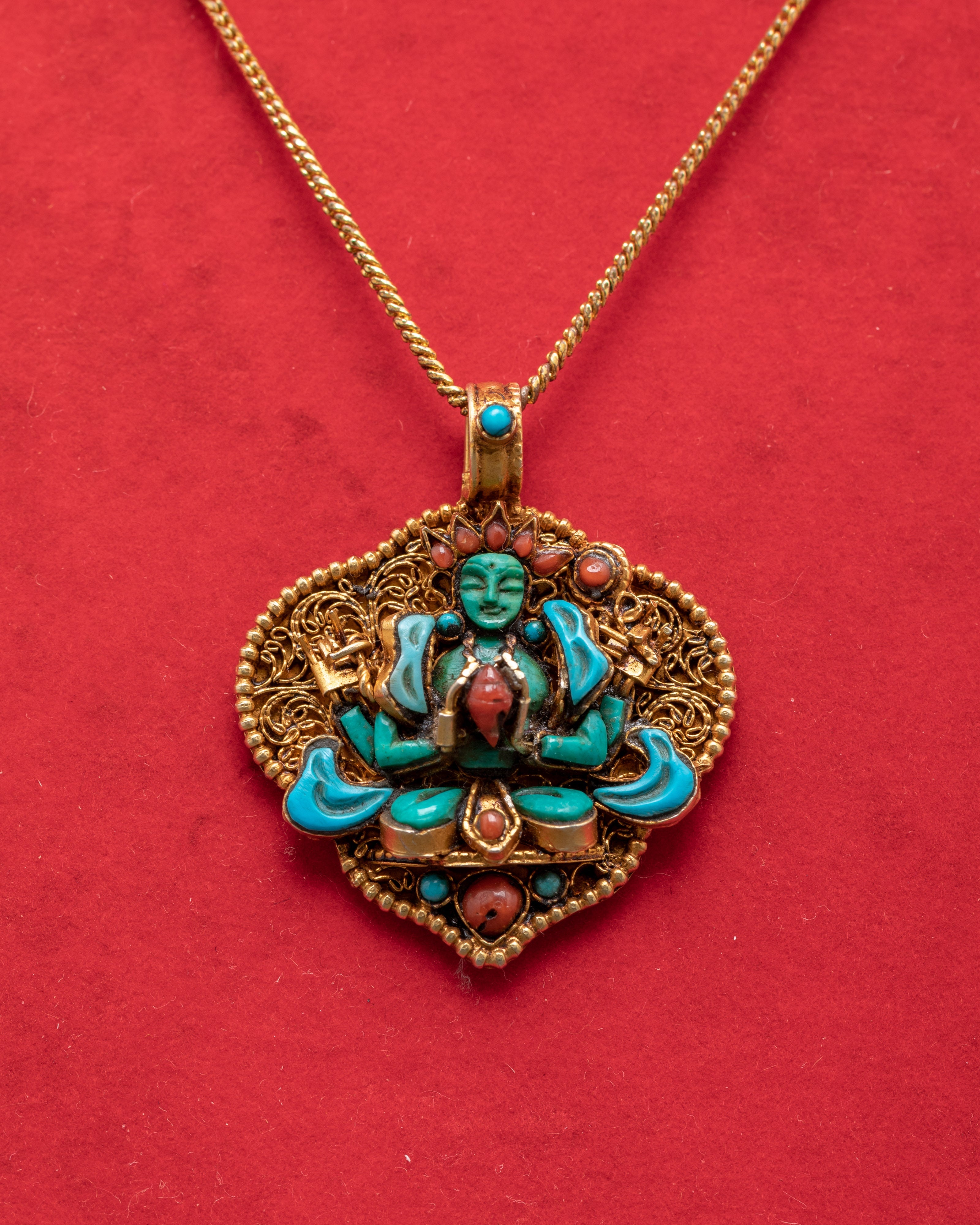 Chenrezig Silver Locket | Locket with Turquoise & Coral Stones