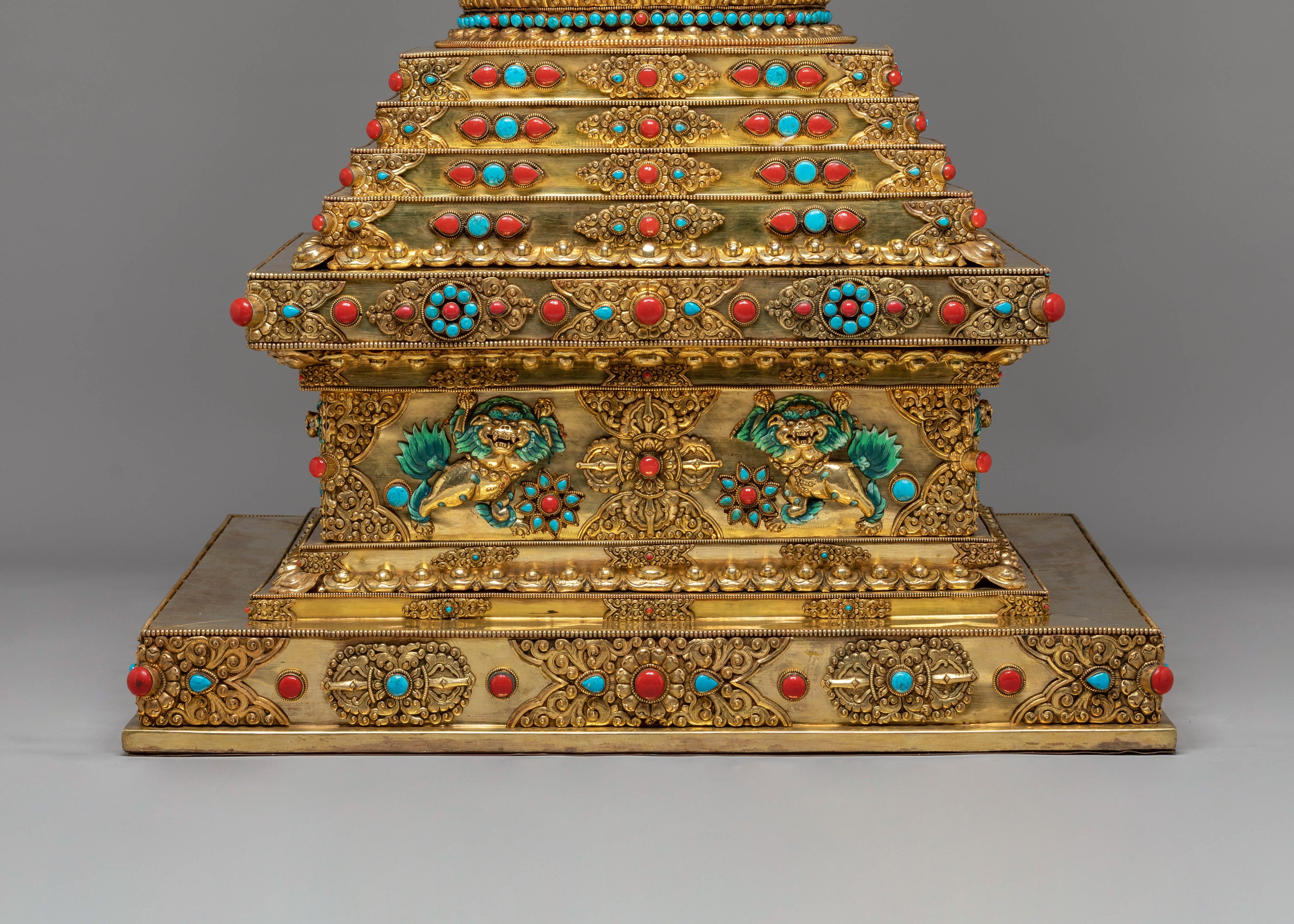 Buddhist Handcrafted Sacred Stupa | Gold-Plated Copper with Coral & Turquoise
