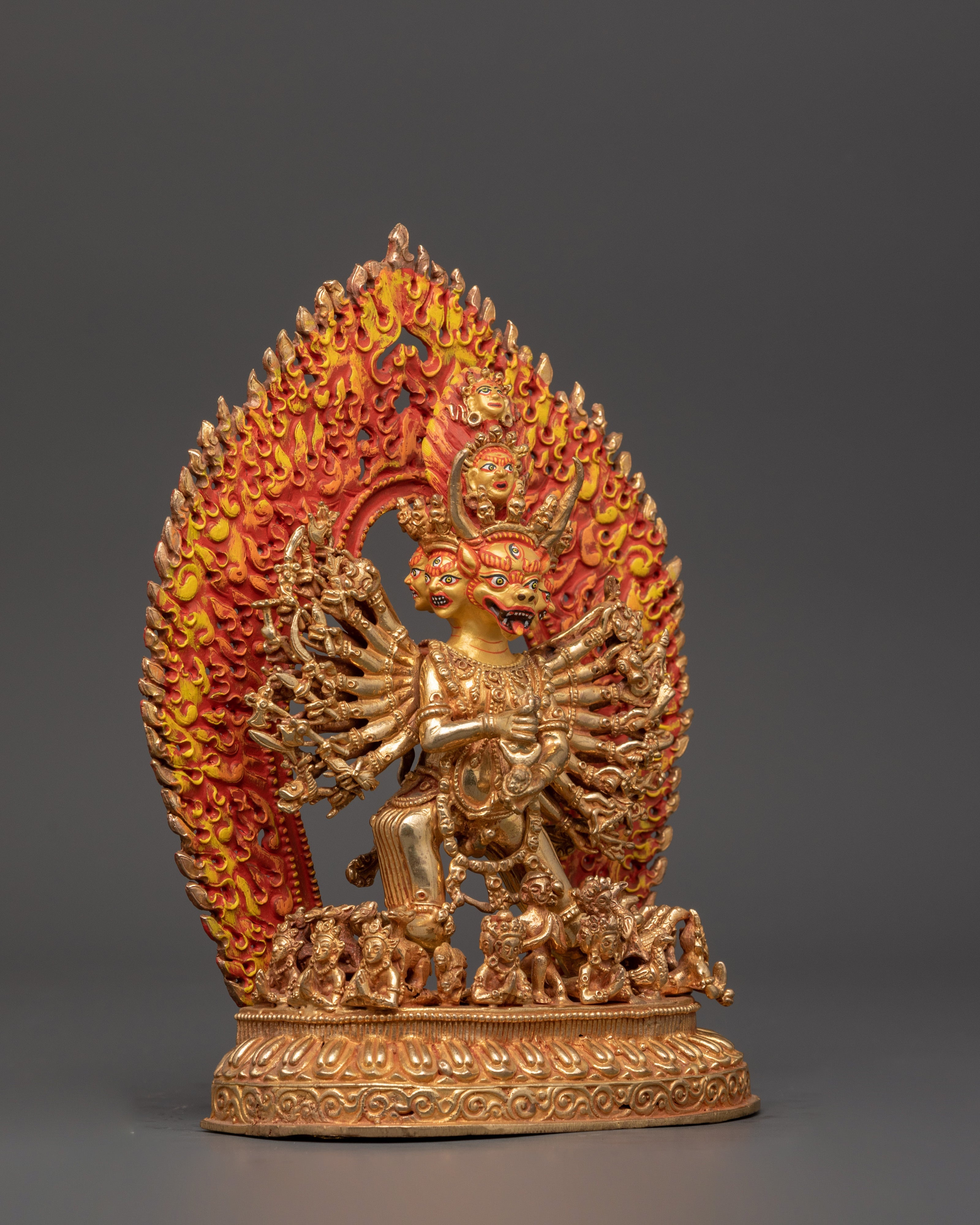 Wrathful Protector Deity, Yamantaka Gold-Plated Statue | Fierce Tibetan Buddhist Guardian