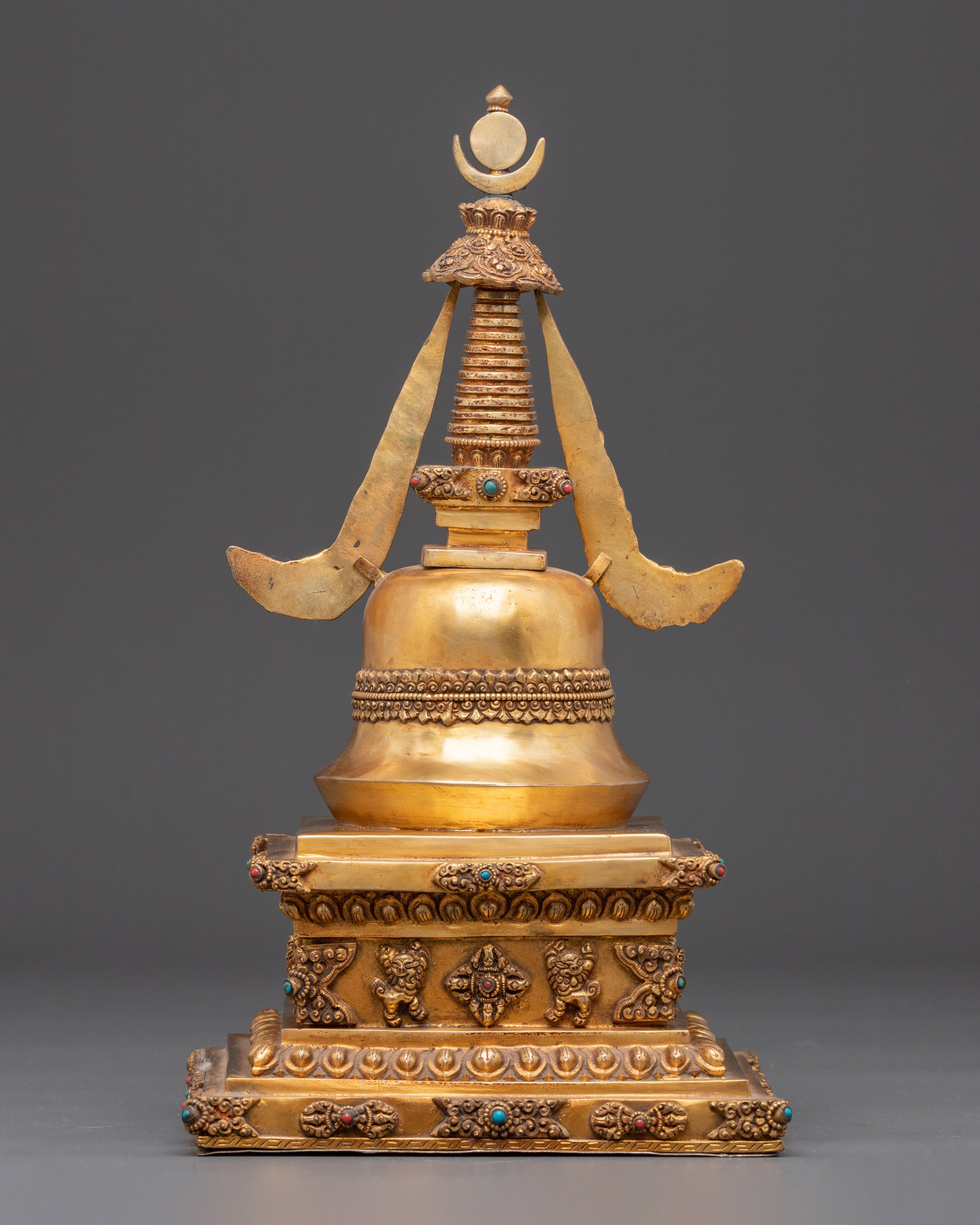 Sacred Buddhist Stupa Monument | Gold Plated Copper with Turquoise Inlay