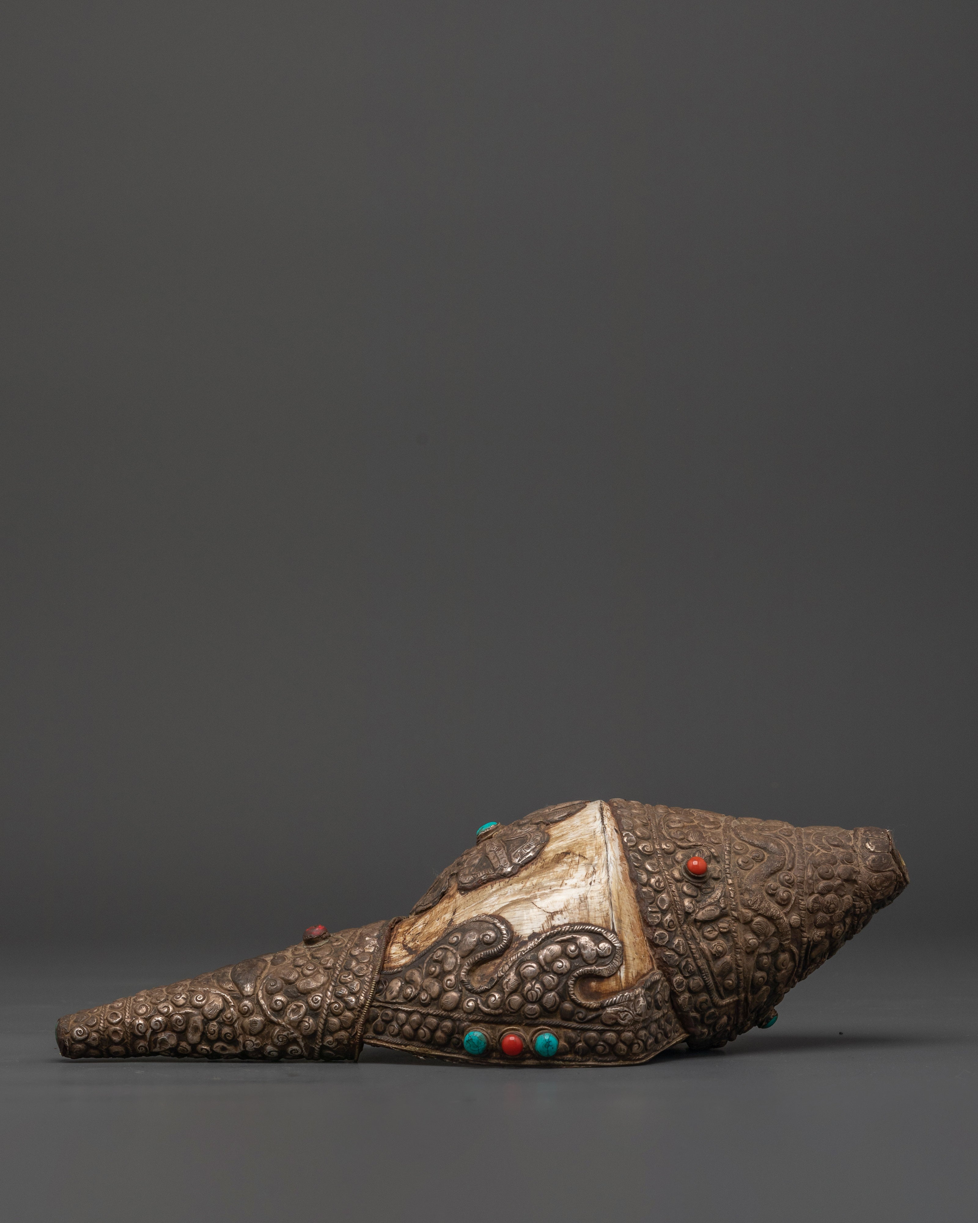 Buddhist Copper Conch Shell | Tibetan Ritual Trumpet with Coral and Turquoise
