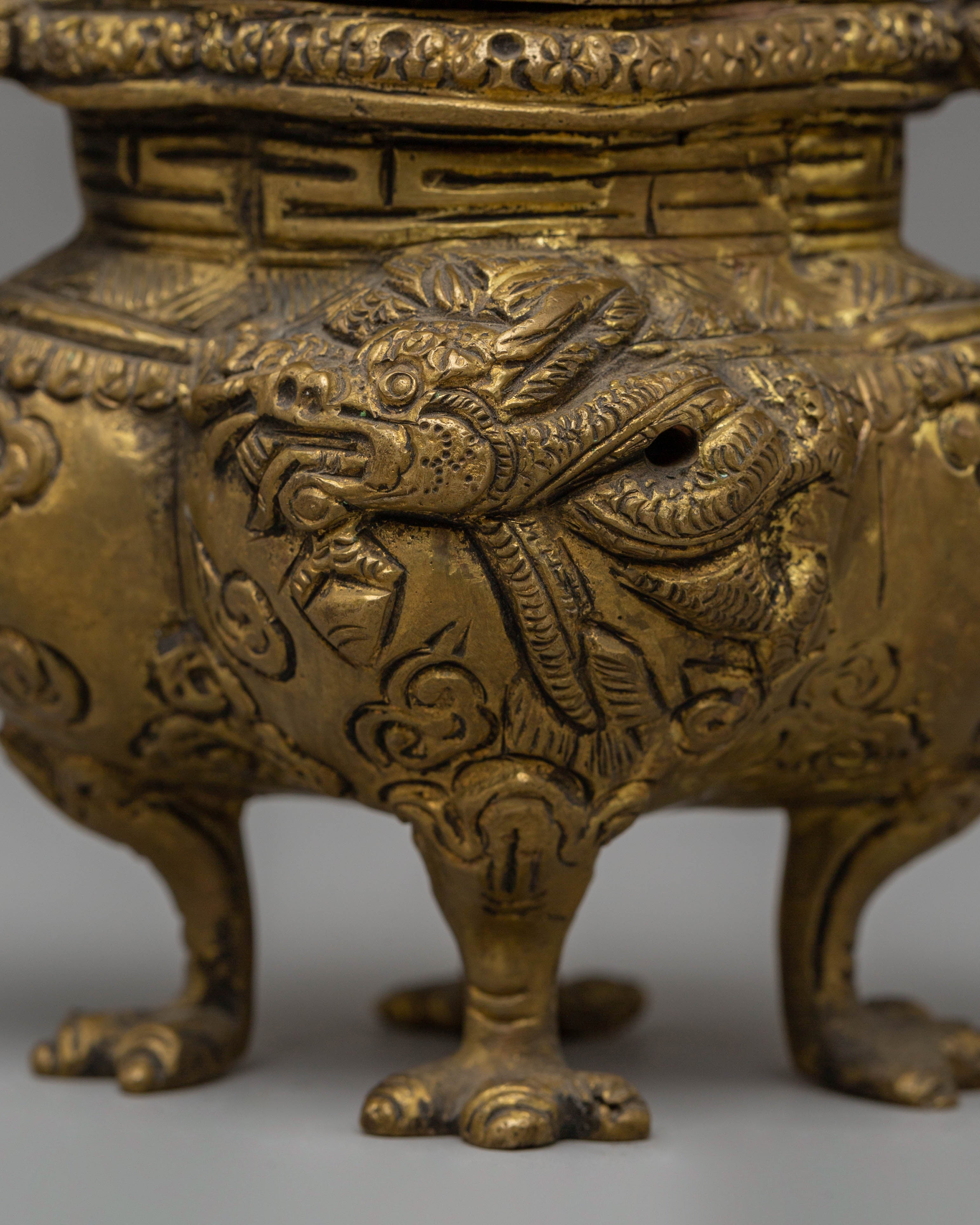 Handmade Dragon Motifs Incense Burner | Brass Ritual Decor