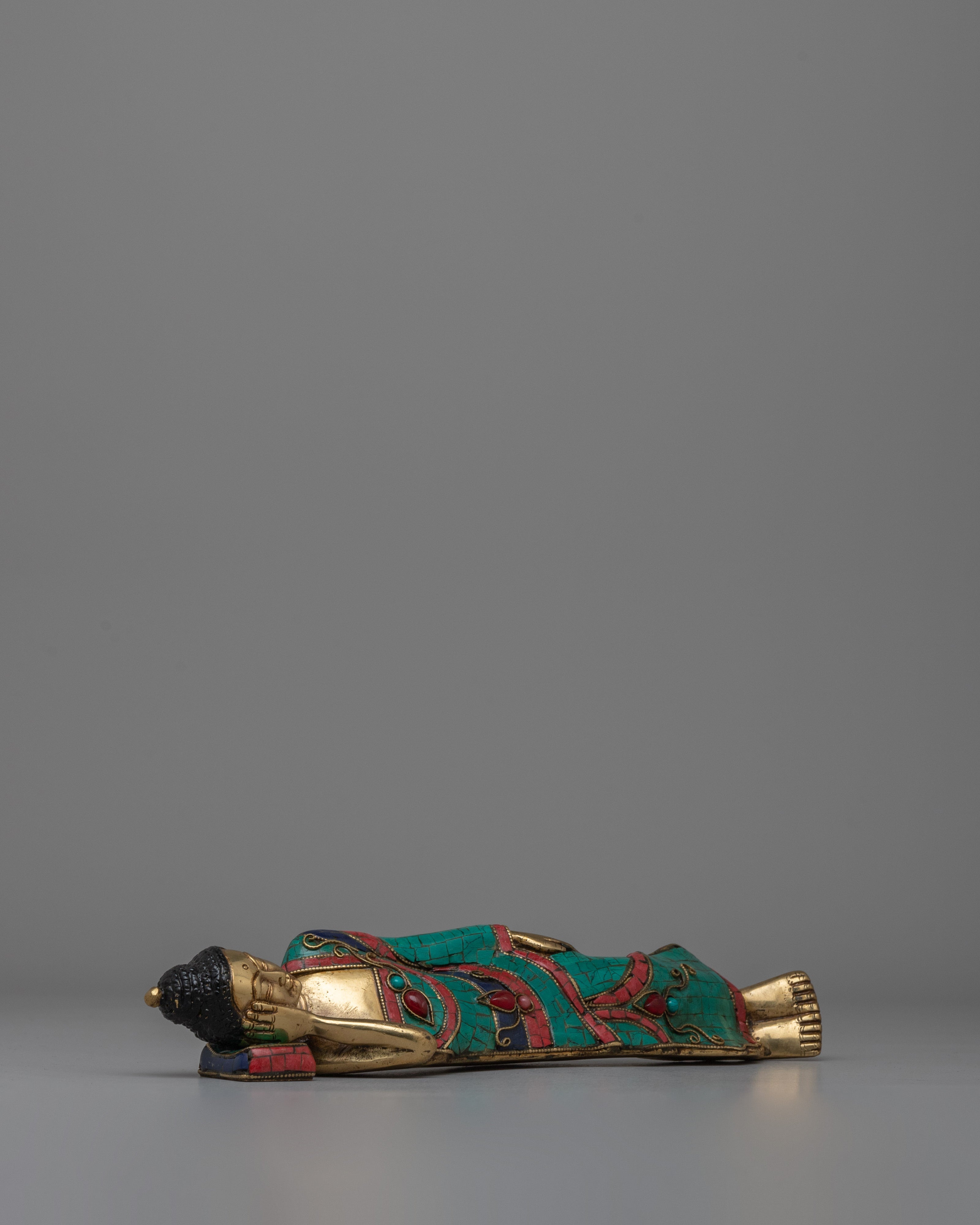 Brass Sleeping Buddha Statue | Symbolic Sleeping Buddha with Coral and Turquoise Inlay