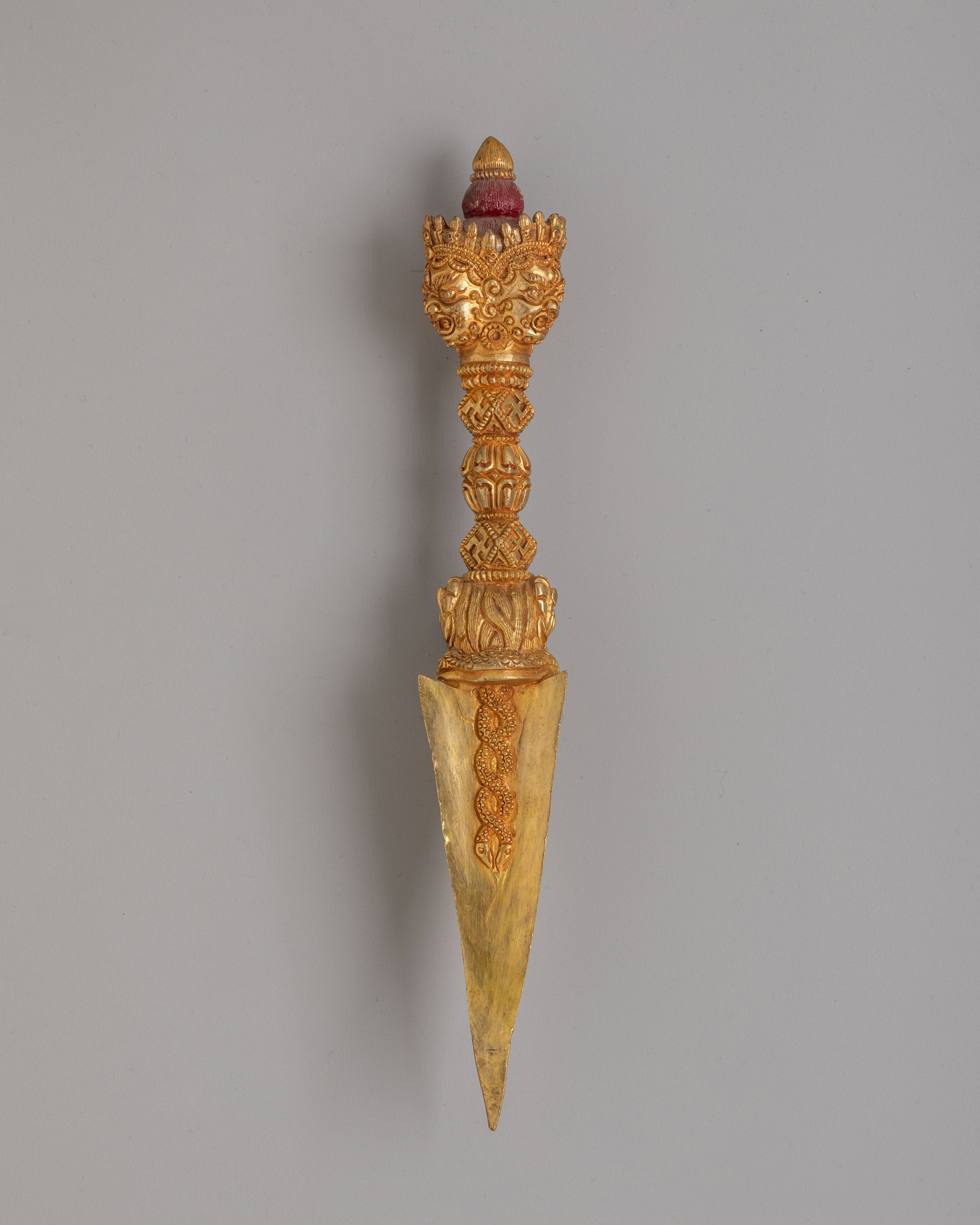 Traditional Buddhist Phurba Dagger | Gold Plated Copper Ritual Dagger