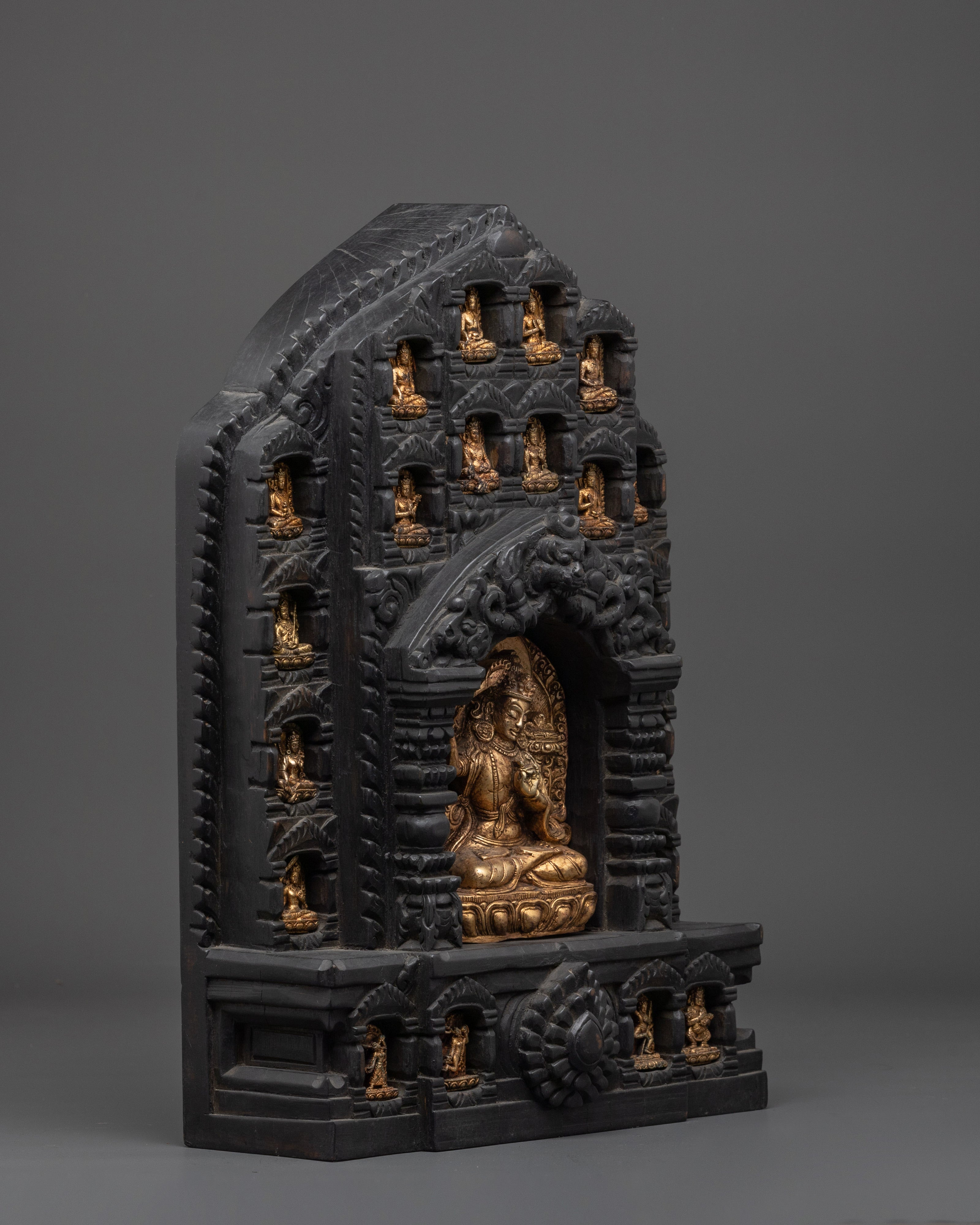Gold Plated Manjushri Statue with Wooden Frame | Tibetan Bodhisattva of Wisdom