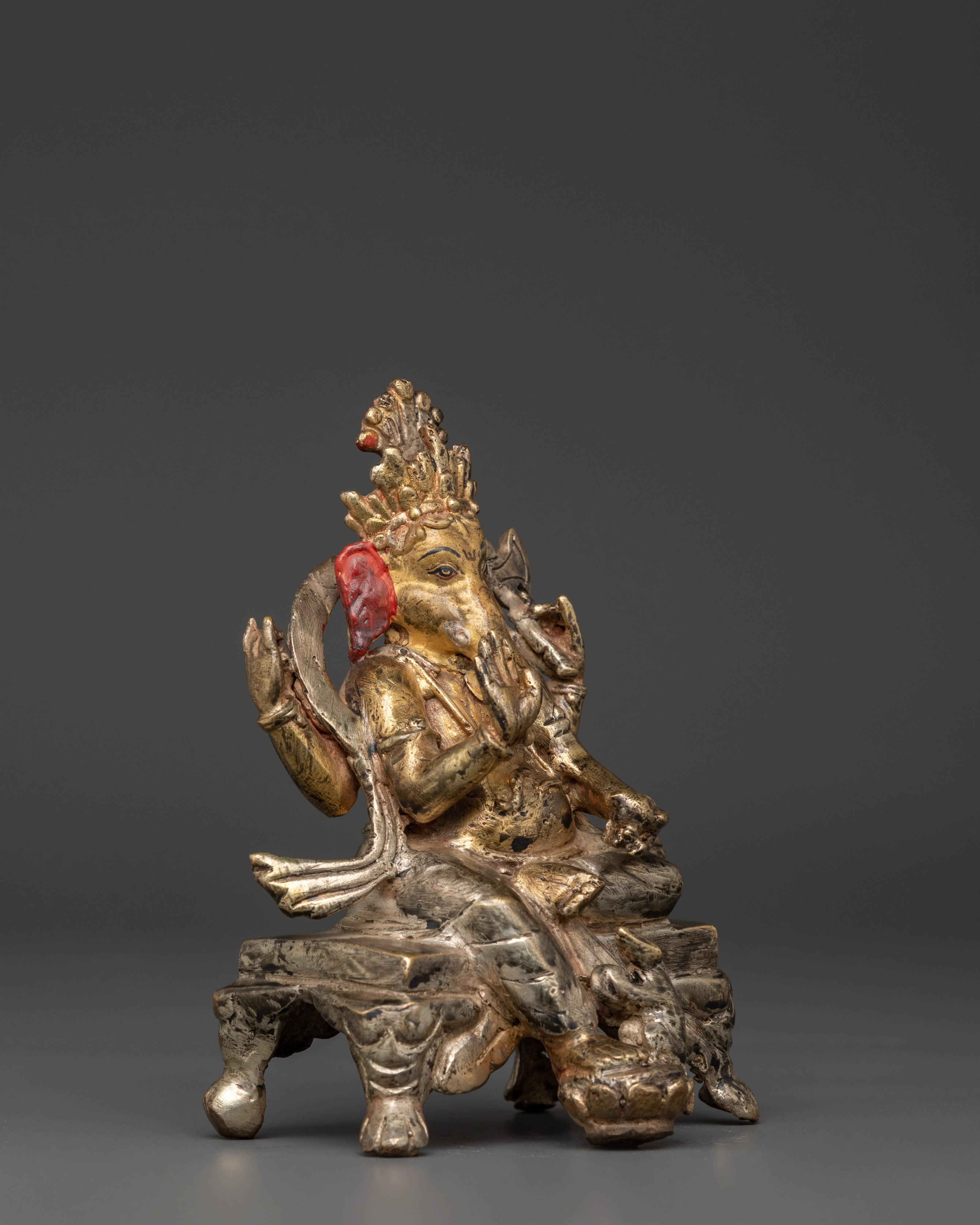 Seated Ganesha Statue | Silver and Gold-Toned Hindu Deity Sculpture