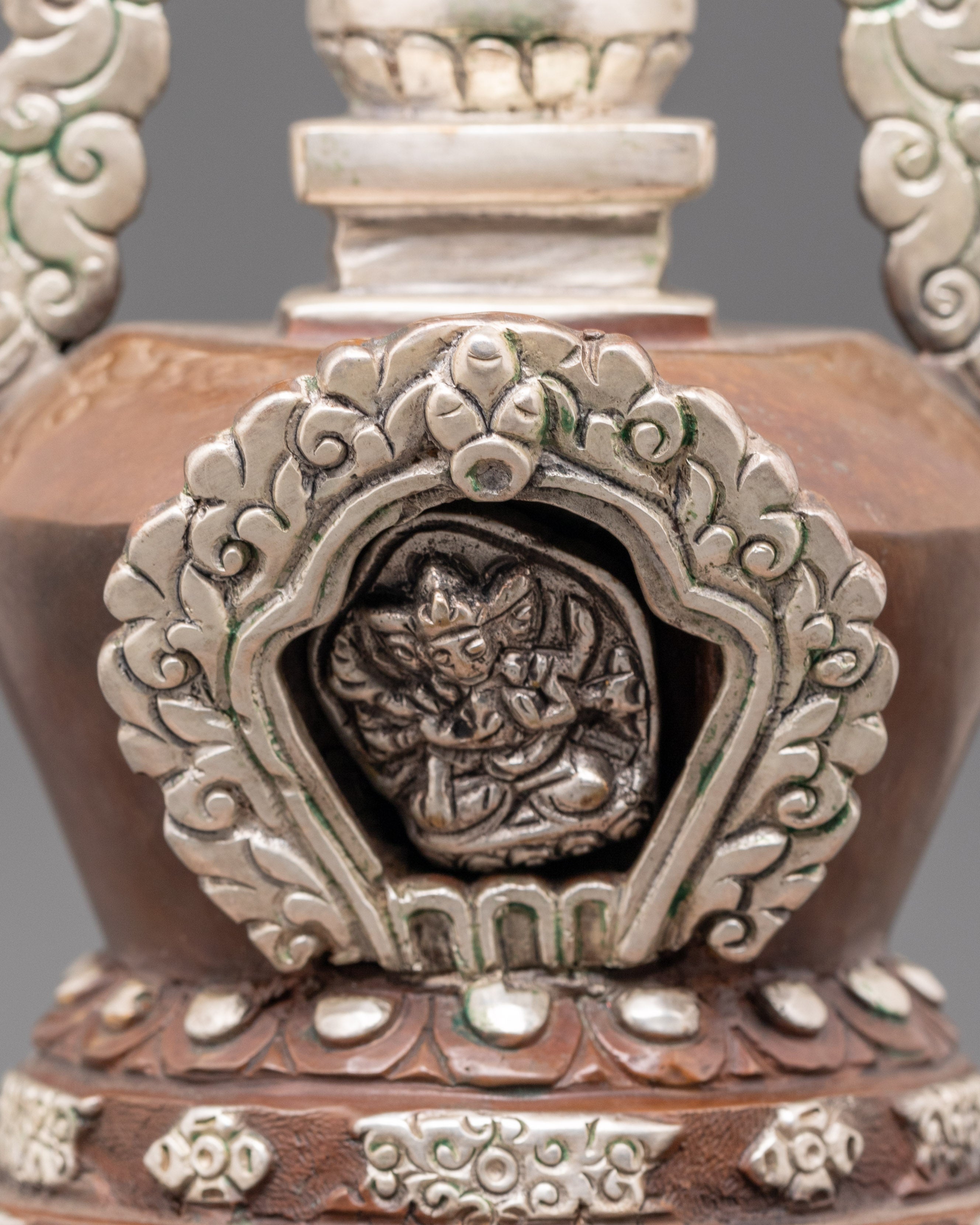 Handcrafted Stupa with Protective Deity | Silver Plated Tibetan Stupa