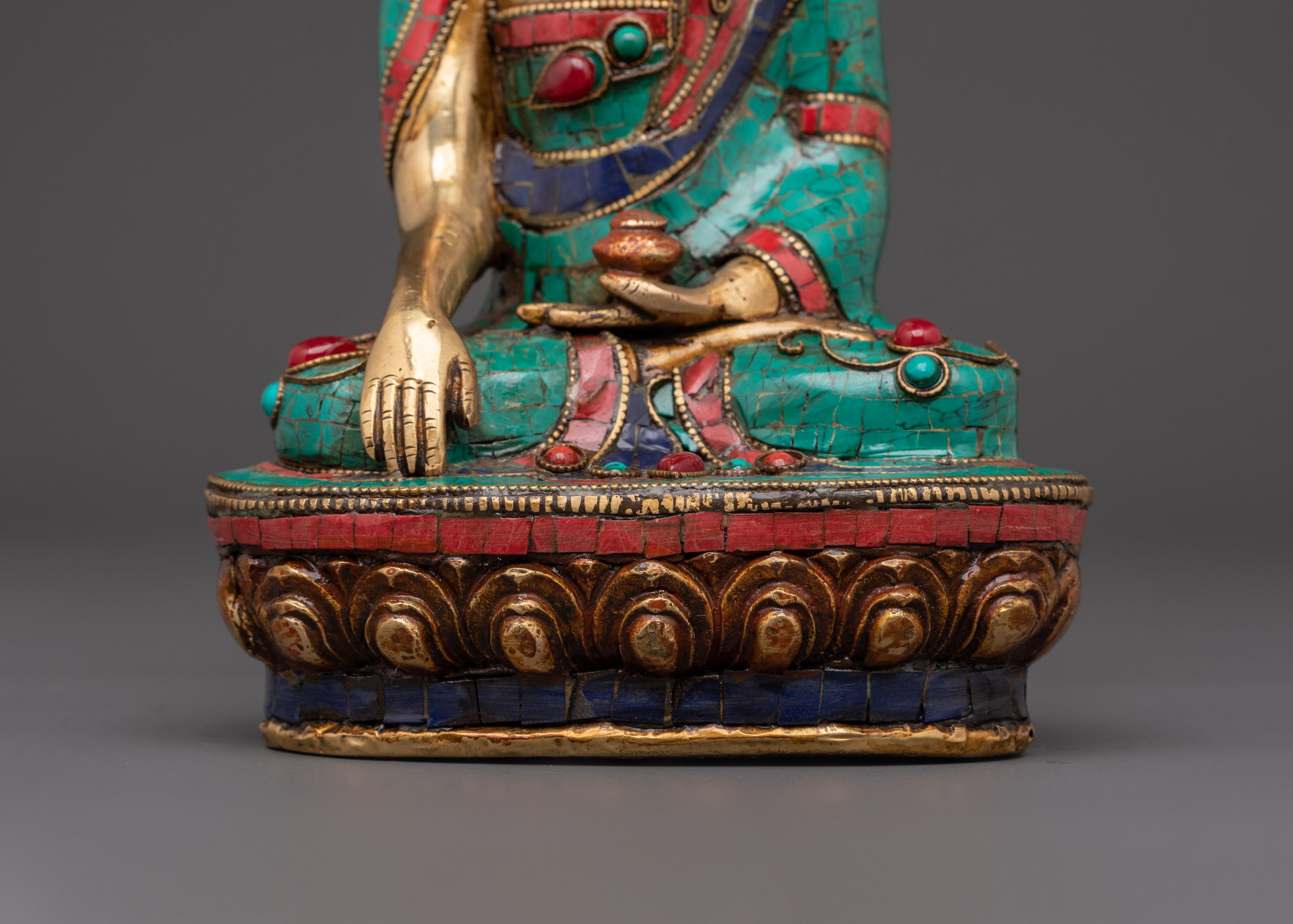 Brass Gautama Buddha Statue | Enlightened One in Vibrant Turquoise & Coral